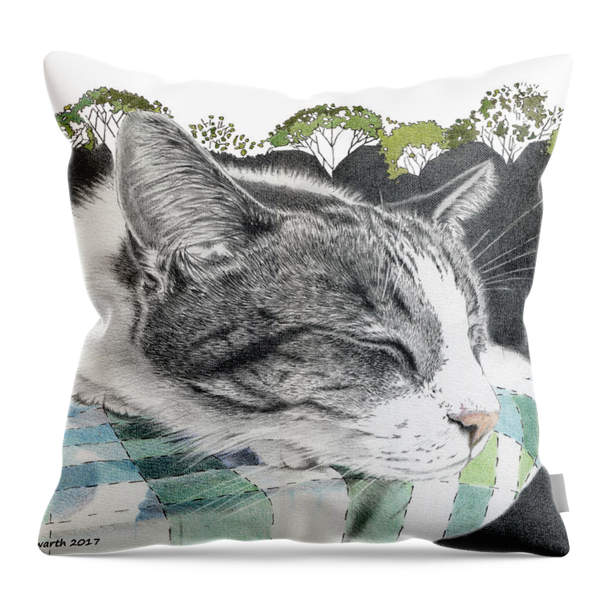 Cat Throw Pillow featuring the drawing Summer Dreams by Louise Howarth