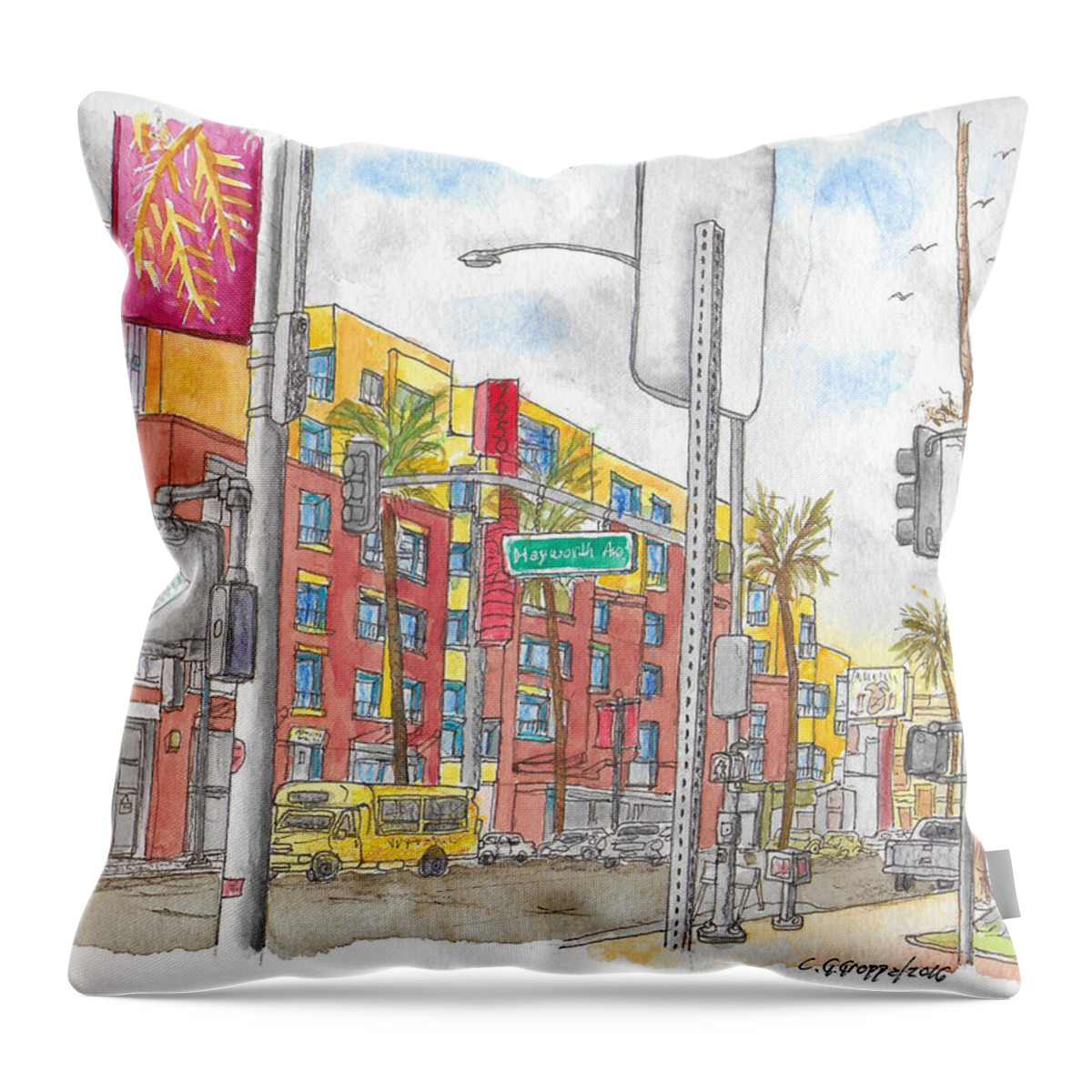 Sunset Blvd Throw Pillow featuring the painting Sunset Blvd, and Hayworth, West Hollywood by Carlos G Groppa