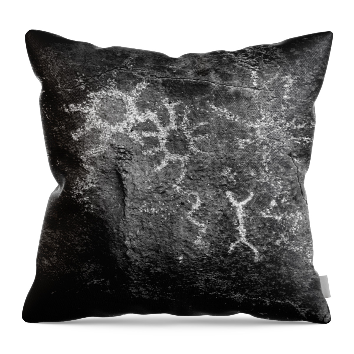 Petroglyphs Throw Pillow featuring the photograph Sun Flower Meteors b/w by Glory Ann Penington