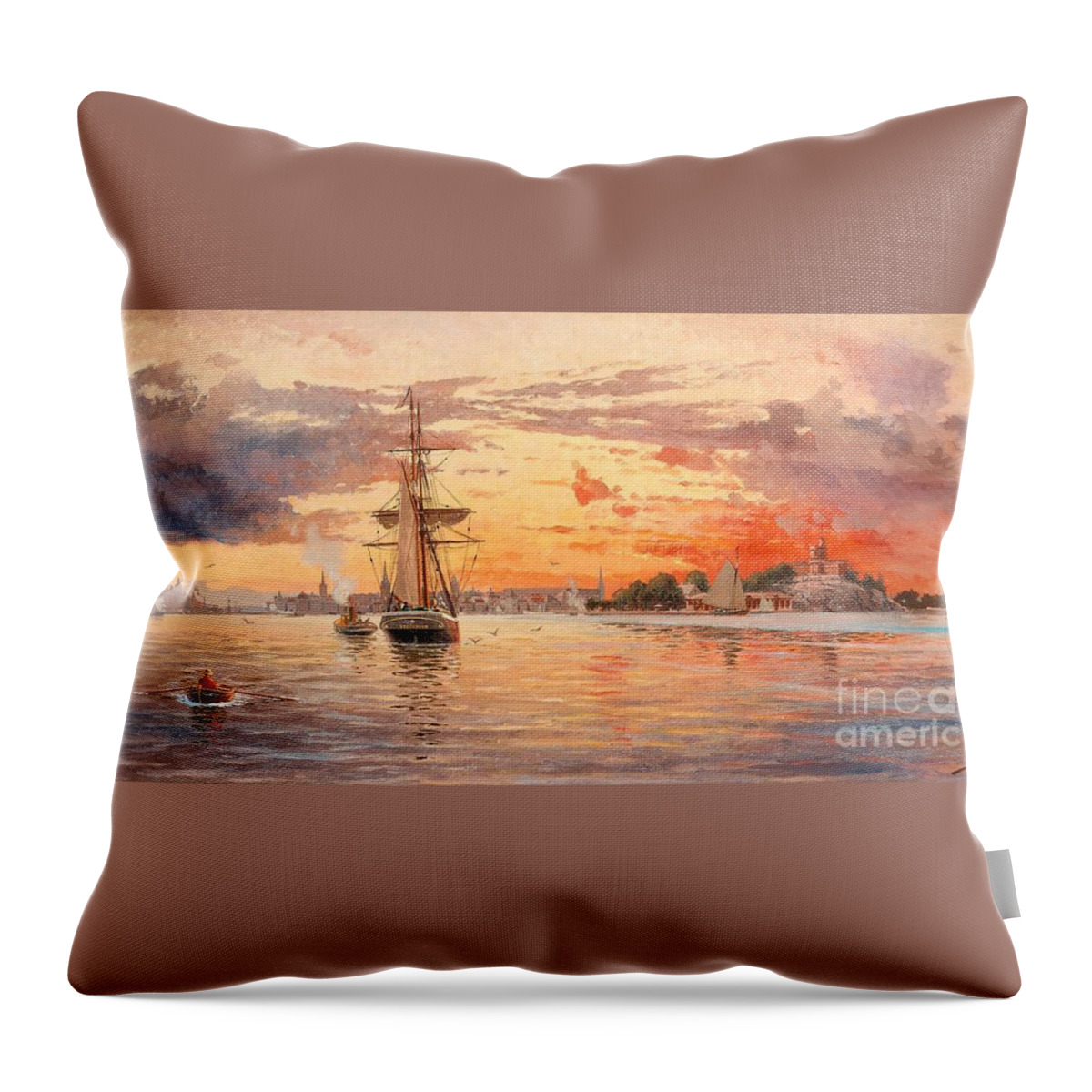 Jacob Hgg Throw Pillow featuring the painting Sun Setting Over The Sea Approach To Stockholm by MotionAge Designs