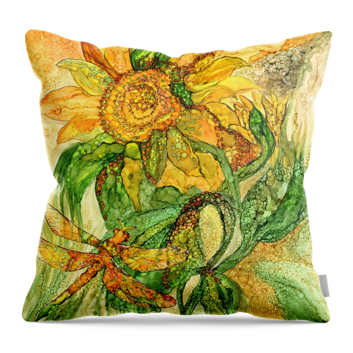 Carol Cavalaris Throw Pillow featuring the mixed media Sun Spirits - Sunflower And Dragonfly by Carol Cavalaris