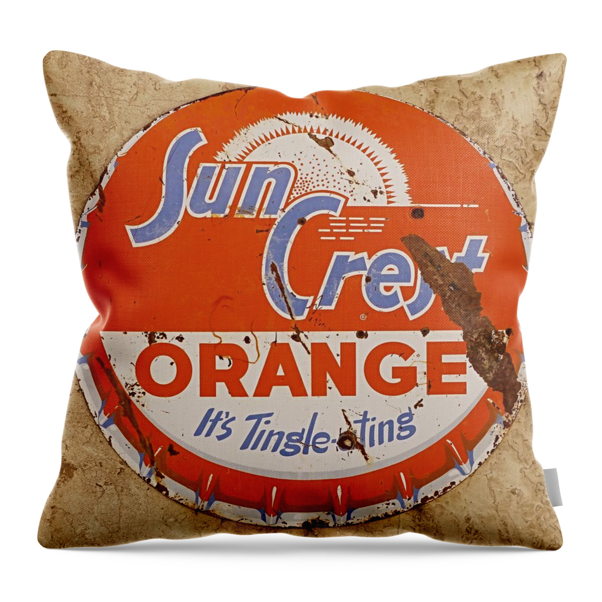 Antique Sign Throw Pillow featuring the photograph Suncrest Orange Soda Cap Sign by Dutch Bieber