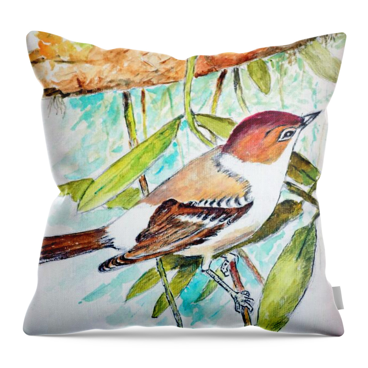 Animals Throw Pillow featuring the painting Sunda Flycatcher- Warbler by Jason Sentuf