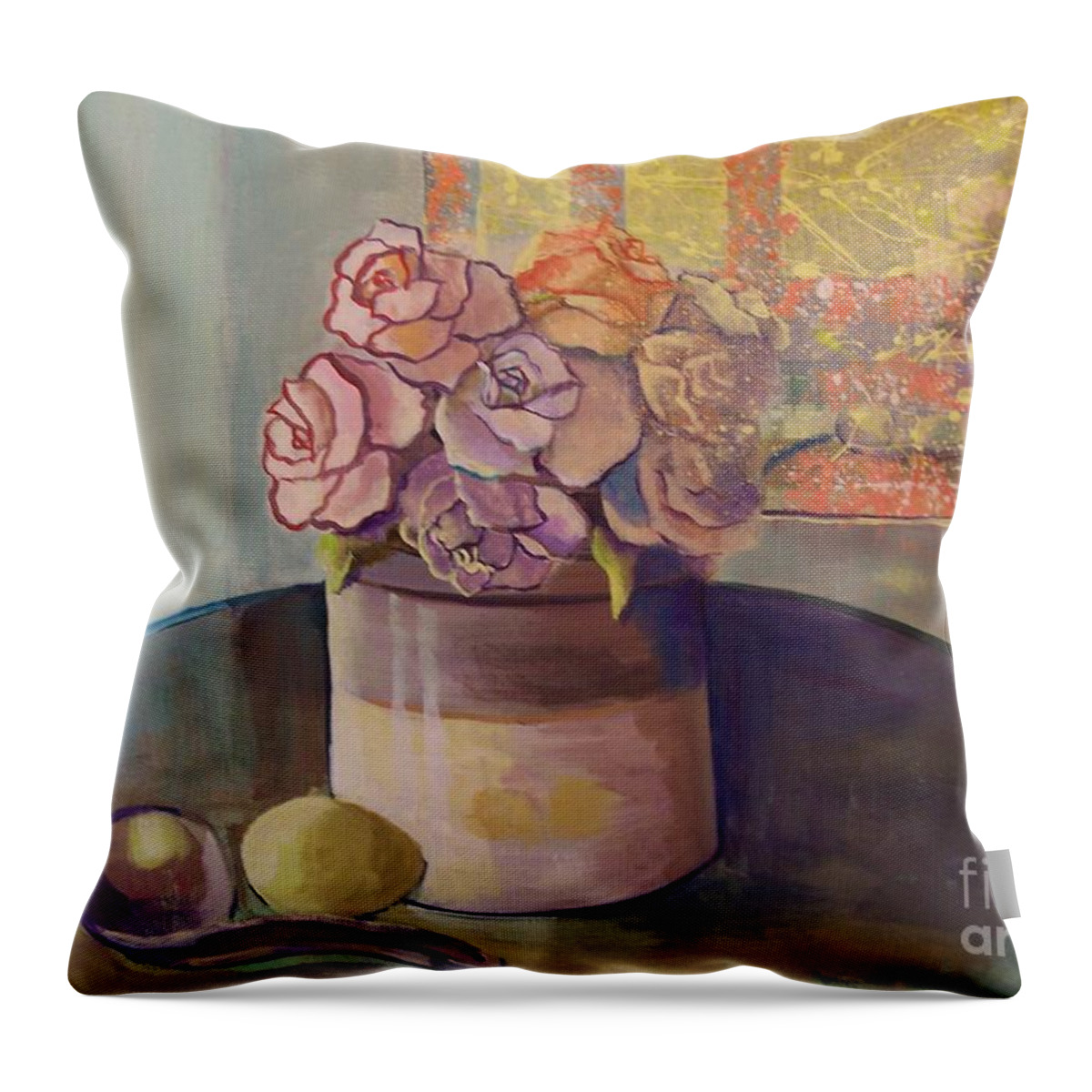 Still Life Throw Pillow featuring the painting Sunday Morning Roses Through the Looking Glass by Marlene Book