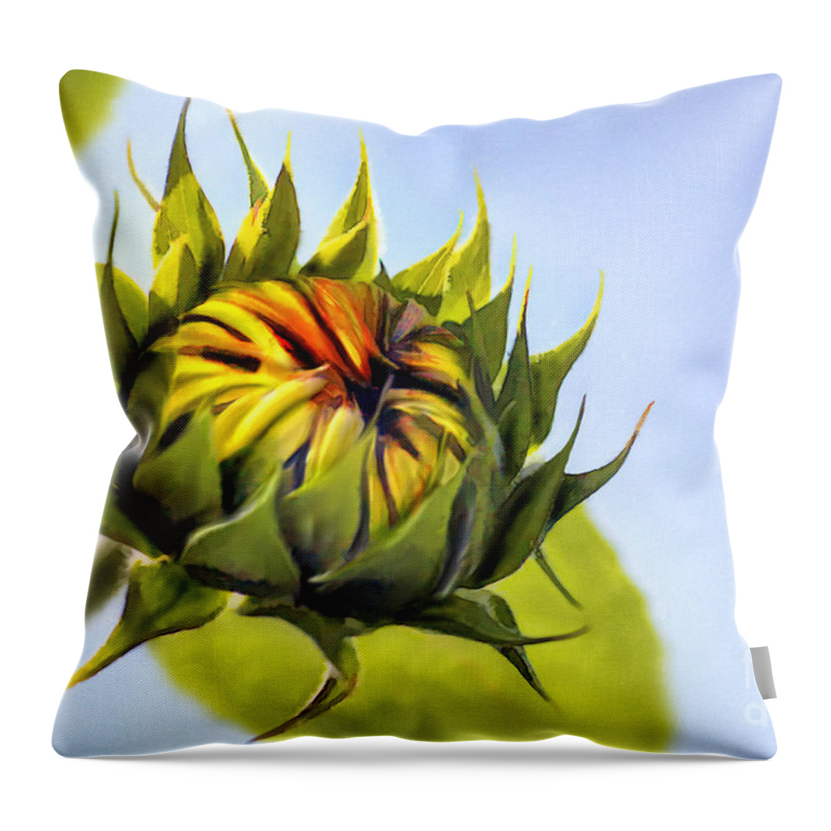 Yellow Throw Pillow featuring the digital art Sunflower bud by John Edwards