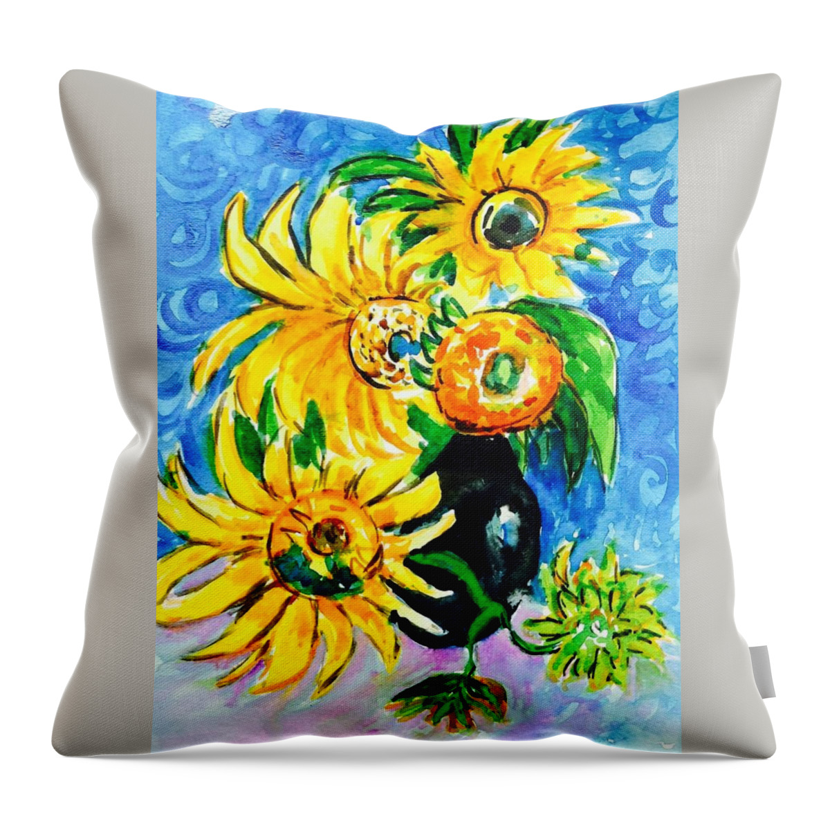 Sunflower Throw Pillow featuring the painting Sunflower on black vase by Hae Kim