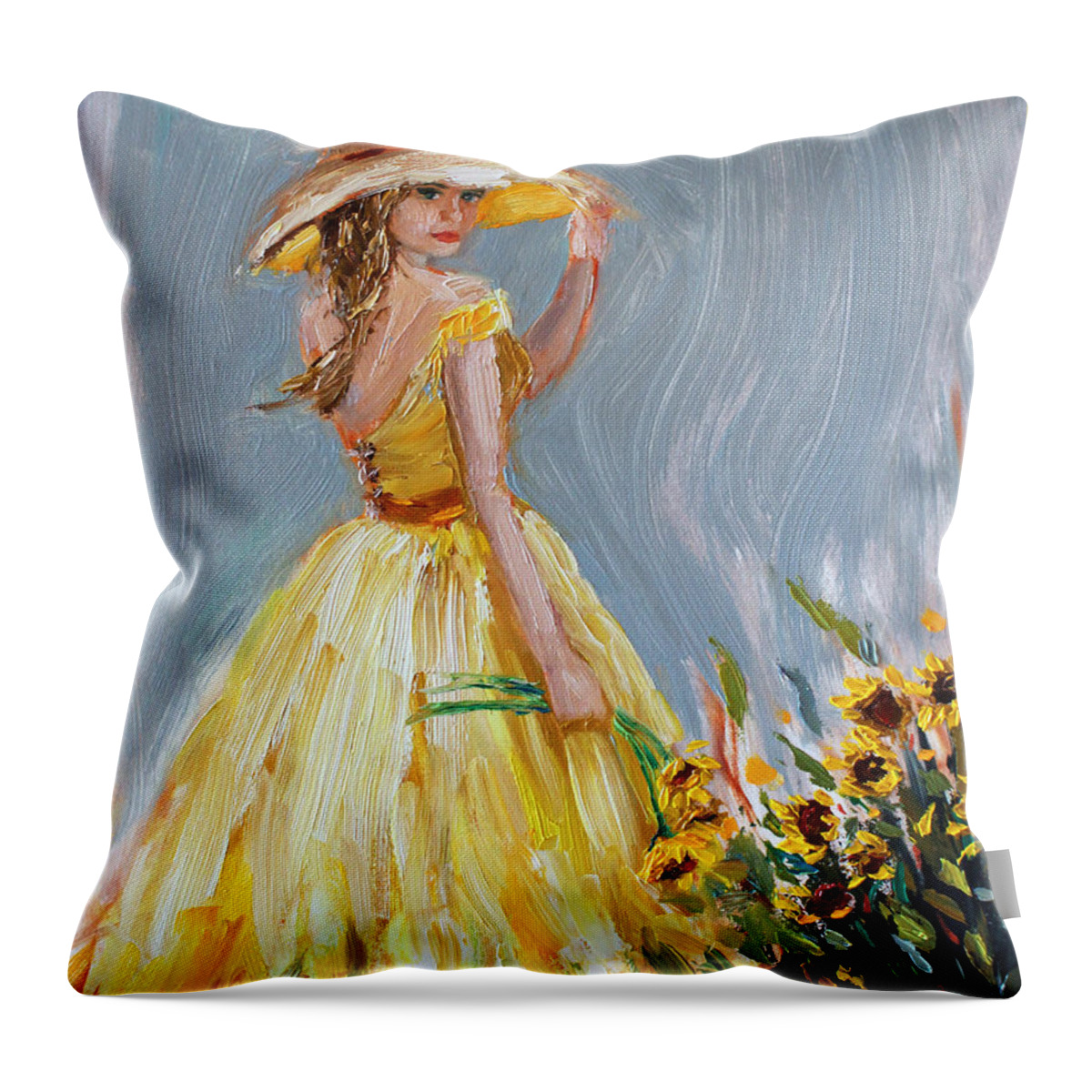 Girl In Yellow Throw Pillow featuring the painting Sunflower Seduction by Jennifer Beaudet