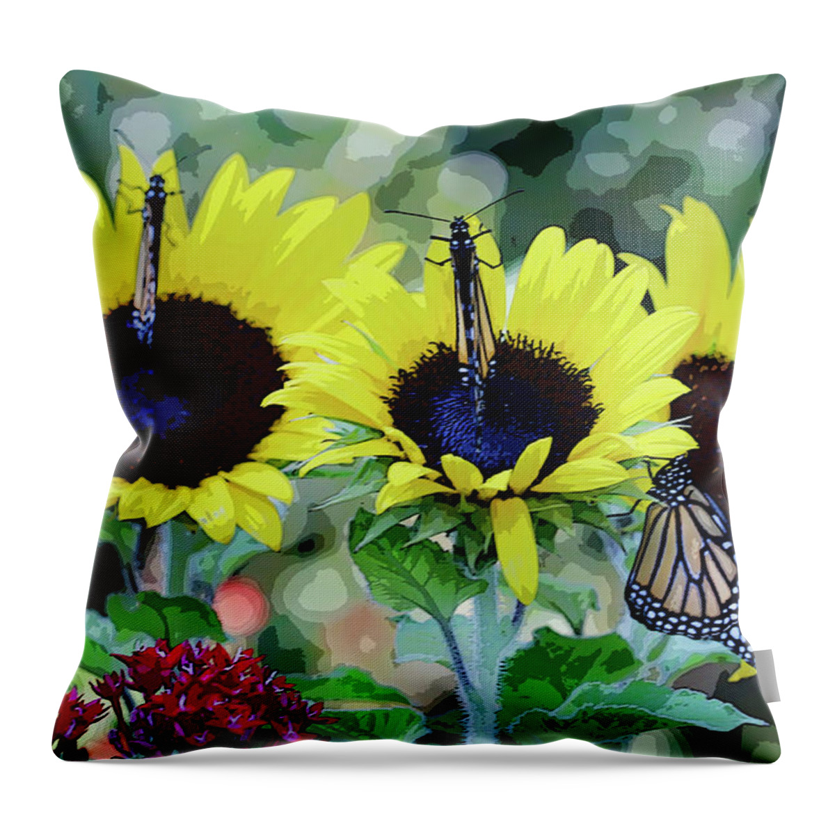 Sunflower And Butterflies Throw Pillow featuring the photograph Sunflowers and Butterflies by Luana K Perez
