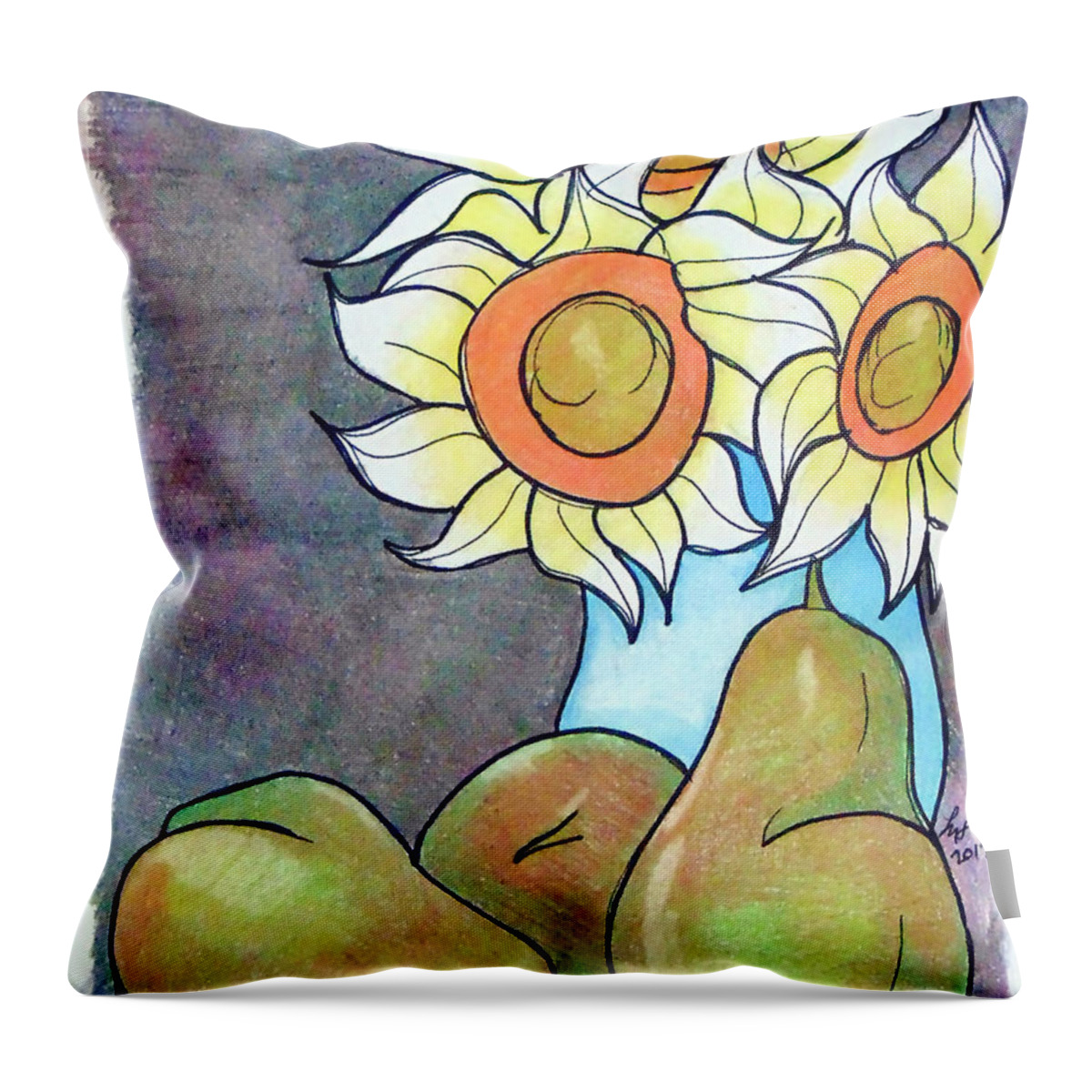 Sunflowers Throw Pillow featuring the drawing Sunflowers and pears by Loretta Nash