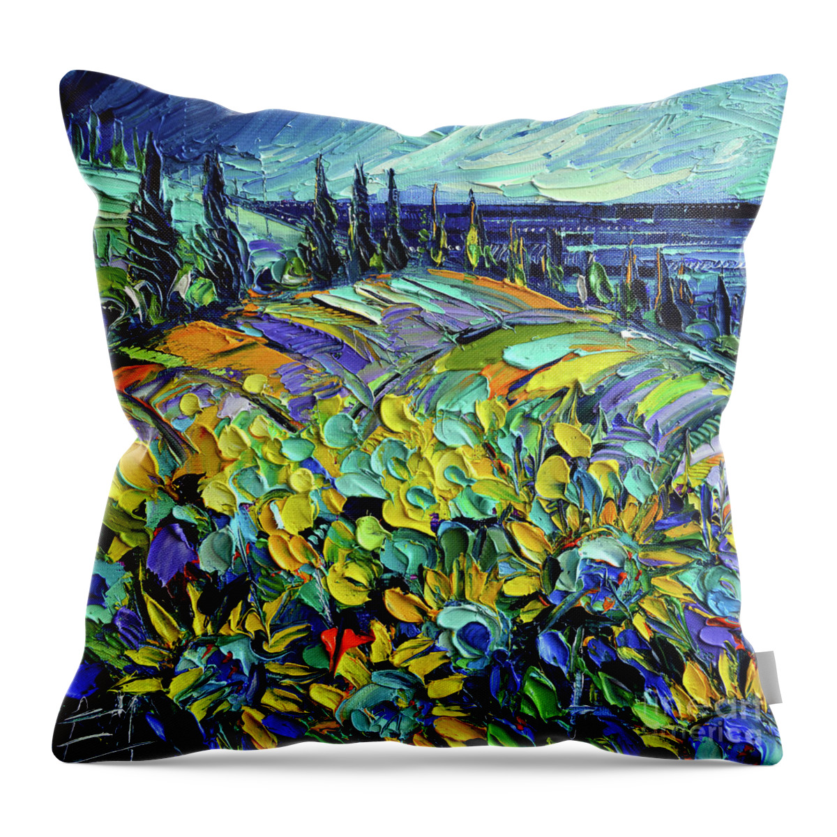 Sunflowers Field By The Sea Throw Pillow featuring the painting Sunflowers field by the sea - modern impressionist impasto palette knife oil painting by Mona Edulesco