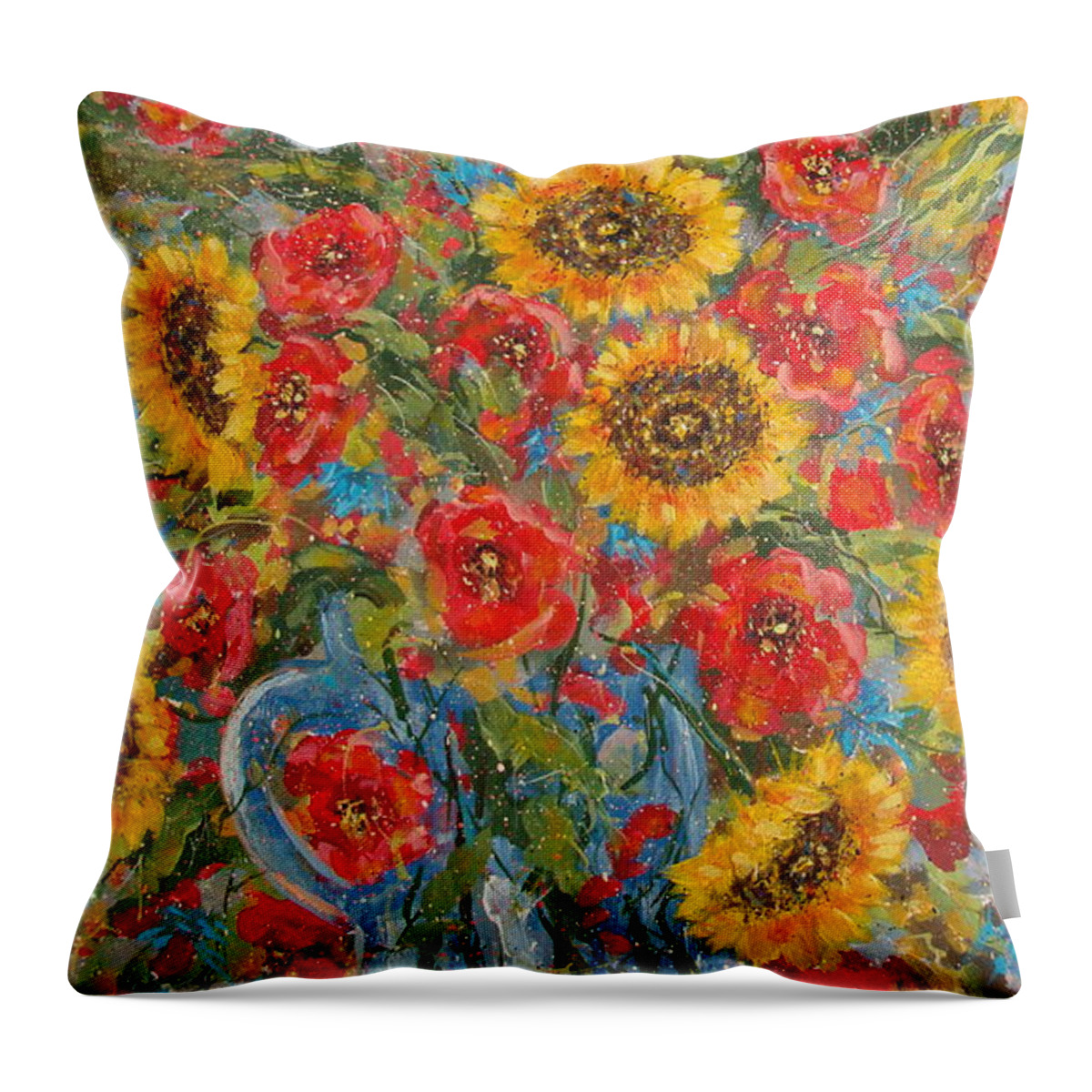Sunflowers Throw Pillow featuring the painting Sunflowers In Blue Pitcher. by Leonard Holland