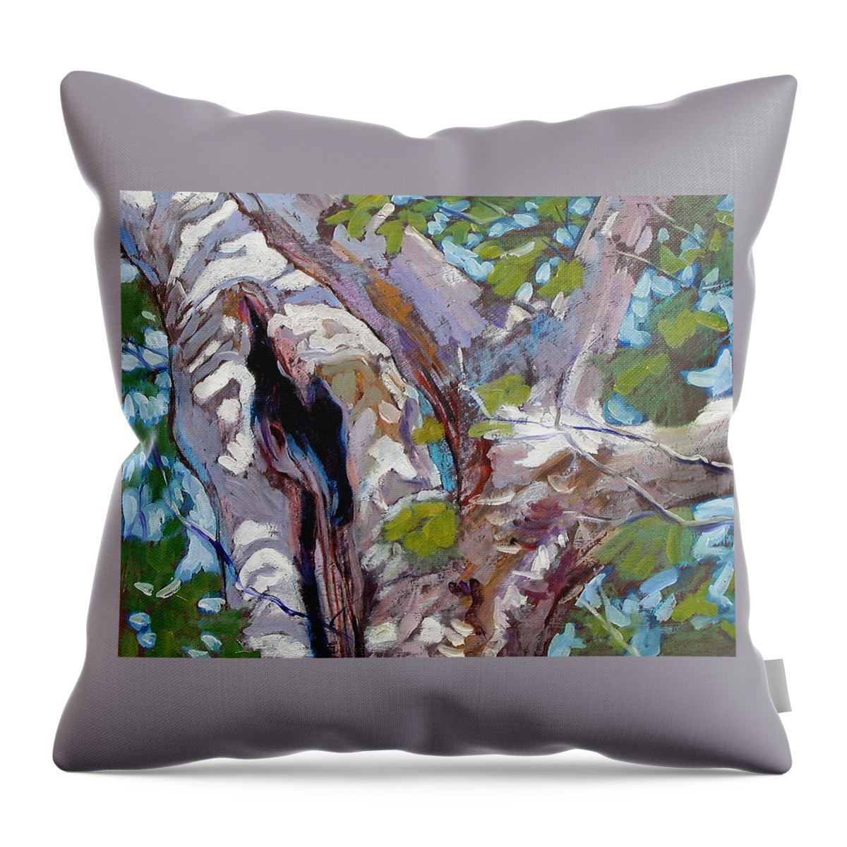 Tree Throw Pillow featuring the painting Sunlight on Sycamore by John Lautermilch