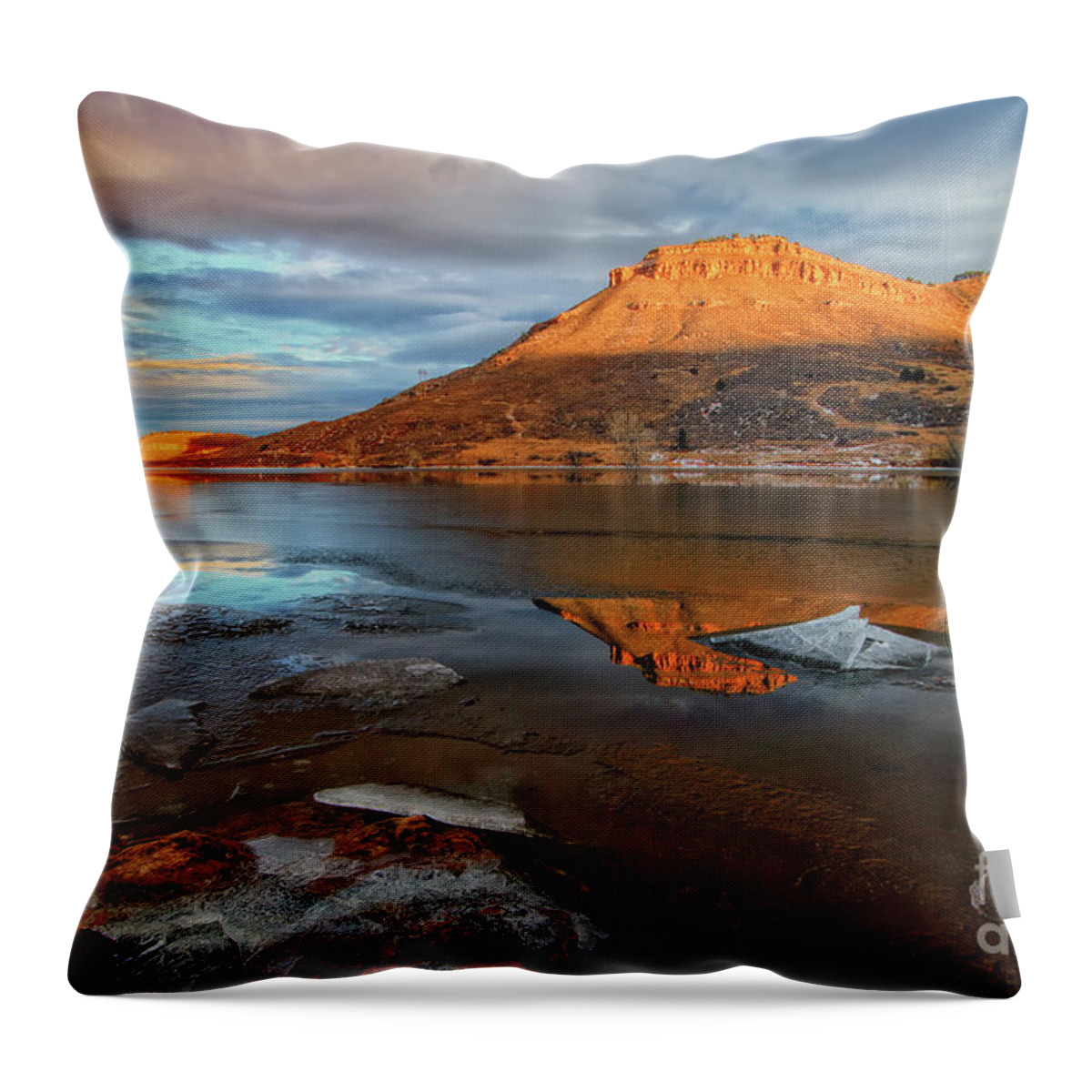 Butte Throw Pillow featuring the photograph Sunlight on the Flatirons Reservoir by Ronda Kimbrow