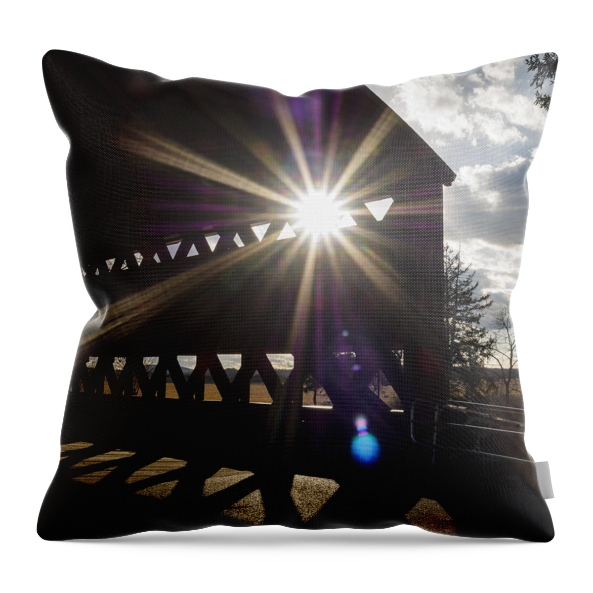 Adams Throw Pillow featuring the photograph Sunlight through Sachs Covered Bridge by Marianne Campolongo