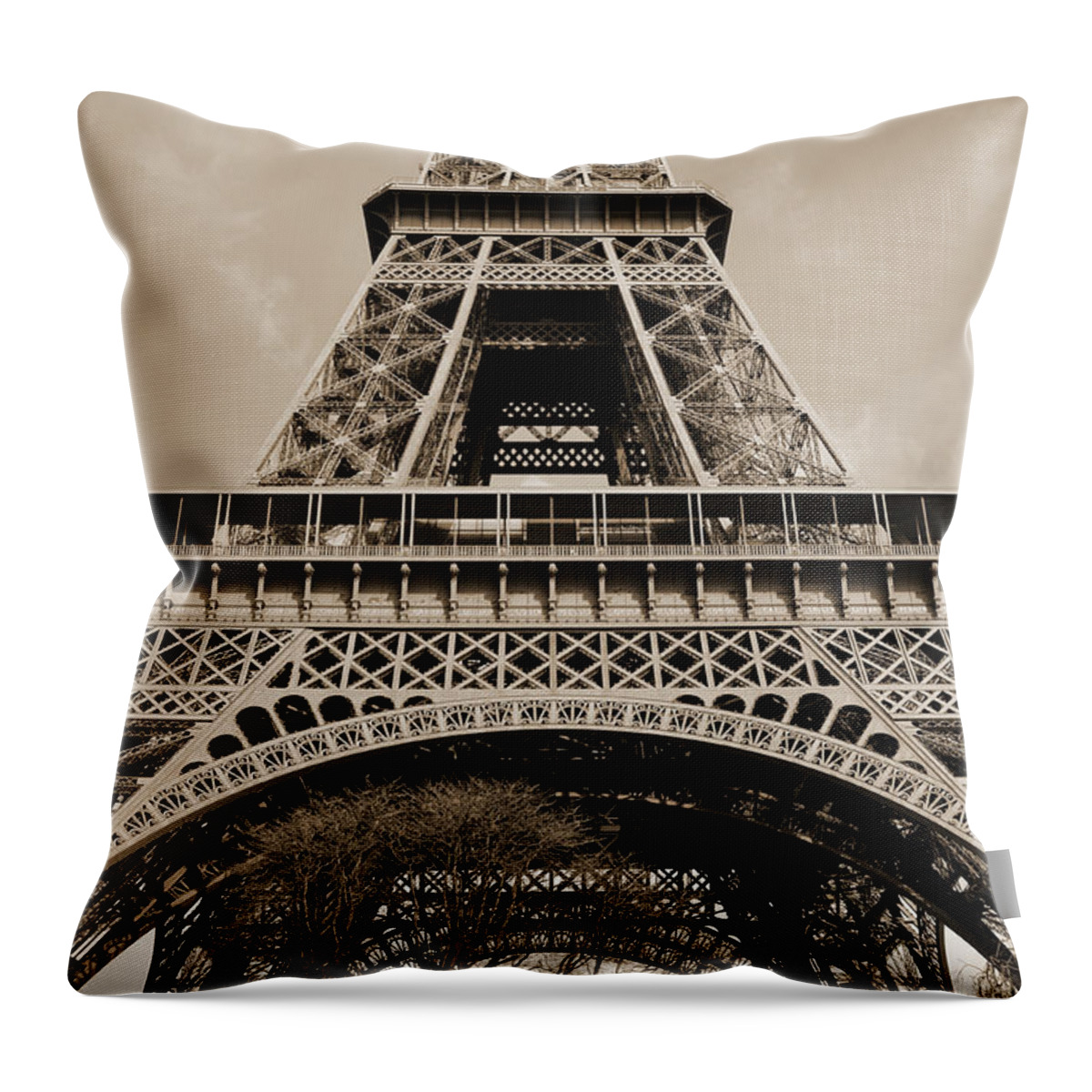 Travelpixpro Throw Pillow featuring the photograph Sunlit Eiffel Tower First and Second Floors Paris France Sepia by Shawn O'Brien