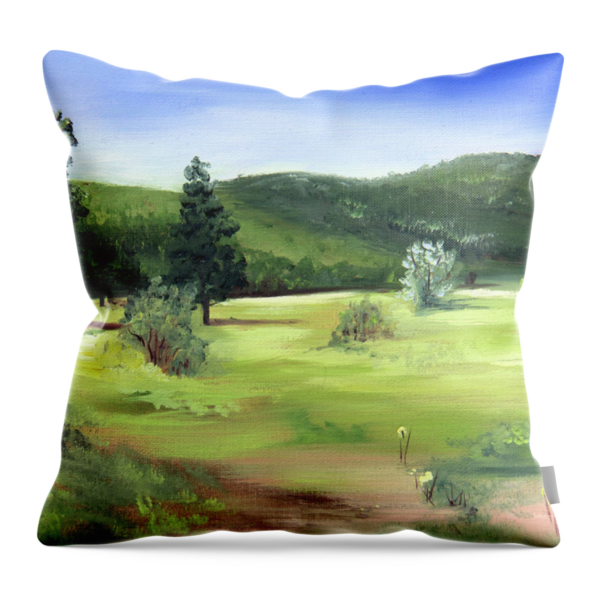 Sunlit Mountain Meadow Throw Pillow featuring the painting Sunlit Mountain Meadow by Nila Jane Autry