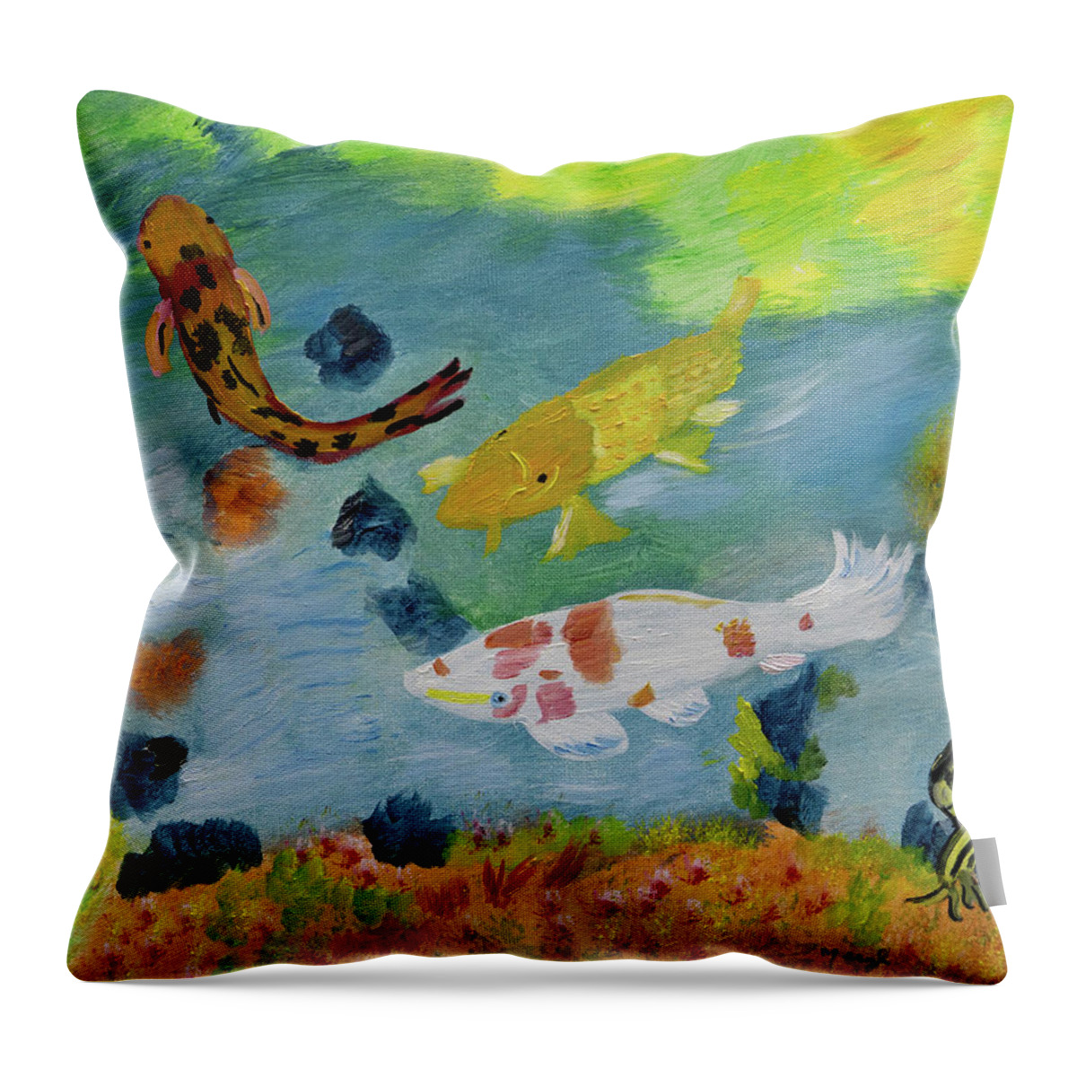 Koi Fish Throw Pillow featuring the painting Sunny Koi Fish by Meryl Goudey