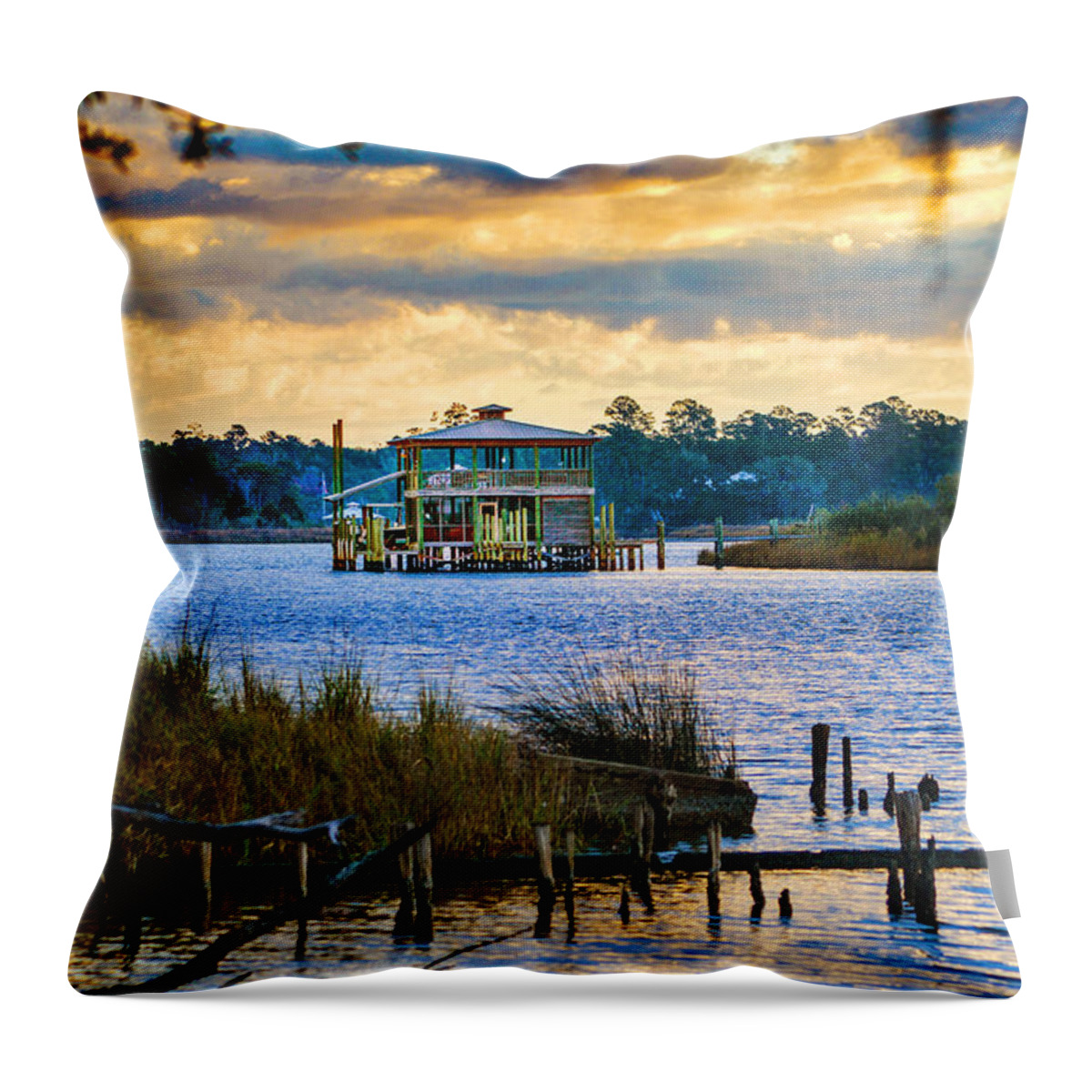Bon Secour Throw Pillow featuring the photograph Sunrise and Boathouse on the Bon Secour River by Michael Thomas