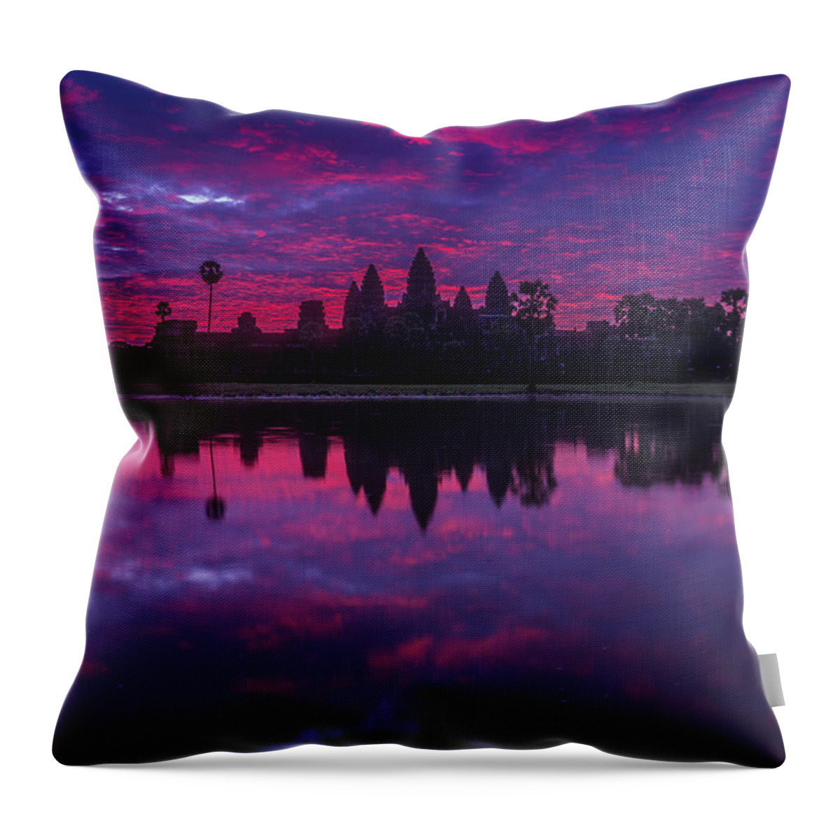 Cambodia Throw Pillow featuring the photograph Sunrise Angkor Wat Reflection by Mike Reid