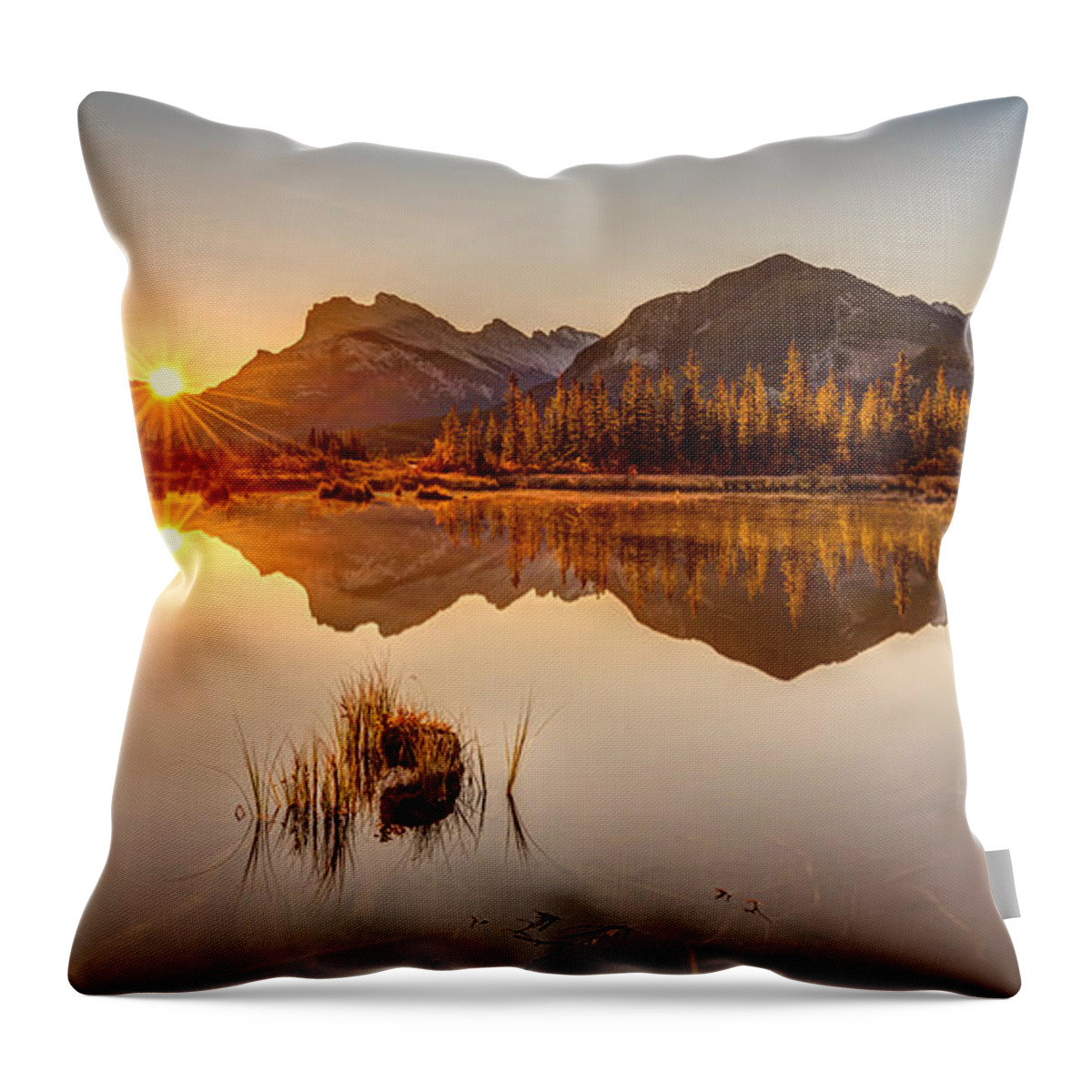 Sunrise Throw Pillow featuring the photograph Sunrise at Banff's Vermilion lakes by Pierre Leclerc Photography