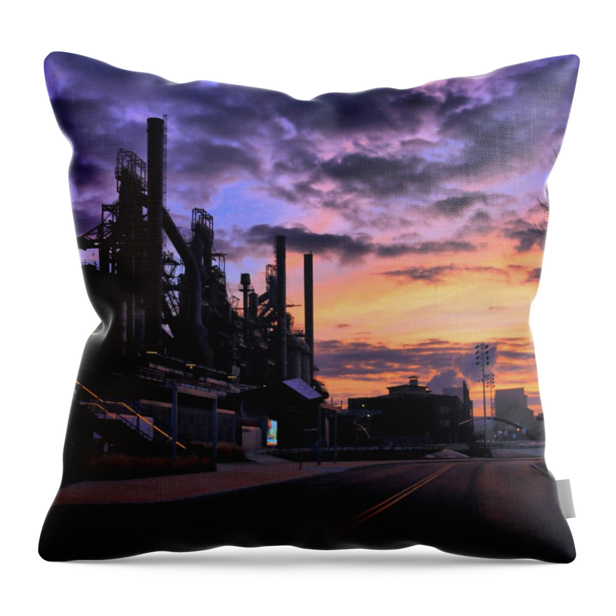Bethlehem Throw Pillow featuring the photograph Sunrise At Steelstacks by DJ Florek