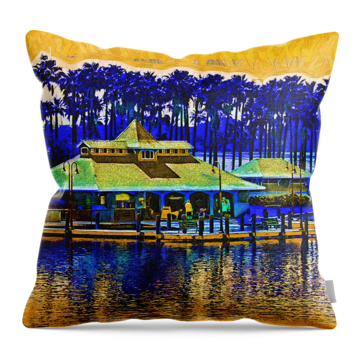 Boathouse Throw Pillow featuring the digital art Sunrise At The Boat Dock by Kirt Tisdale