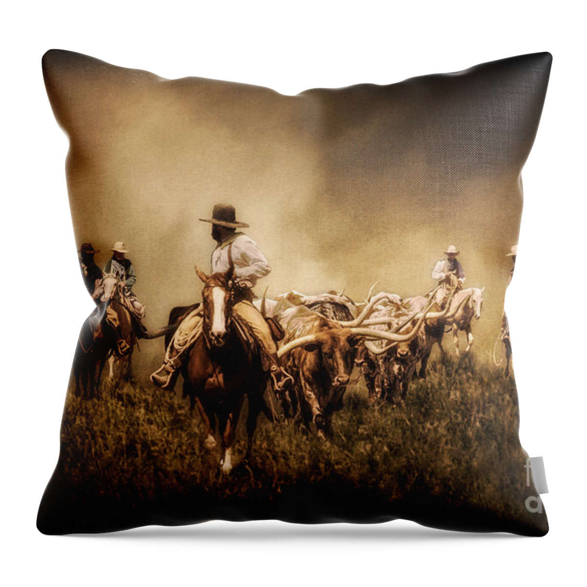 Sunrise Cattle Drive Throw Pillow featuring the photograph Sunrise Cattle Drive by Priscilla Burgers