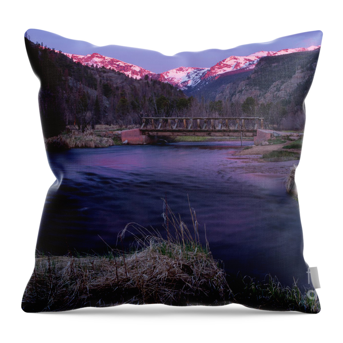 Rocky Mountain National Park Throw Pillow featuring the photograph Sunrise in Rocky Mountain National Park and the Big Thompson Riv by Ronda Kimbrow