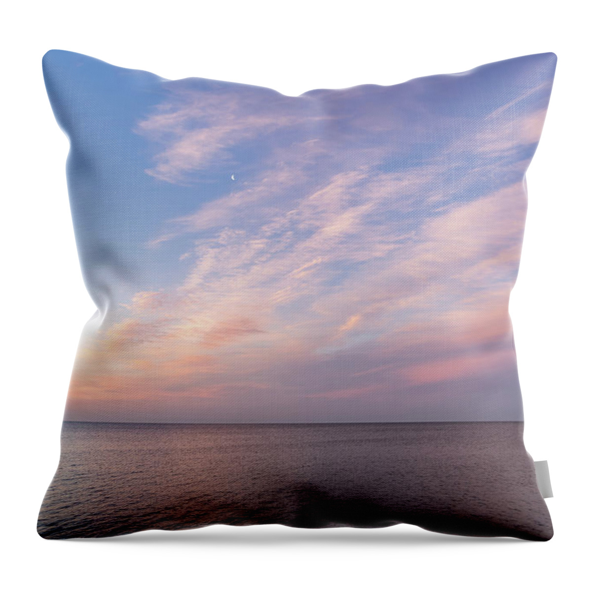 Georgia Mizuleva Throw Pillow featuring the photograph Sunrise Moonset - Feathery Clouds and Crescent Moon over Water by Georgia Mizuleva