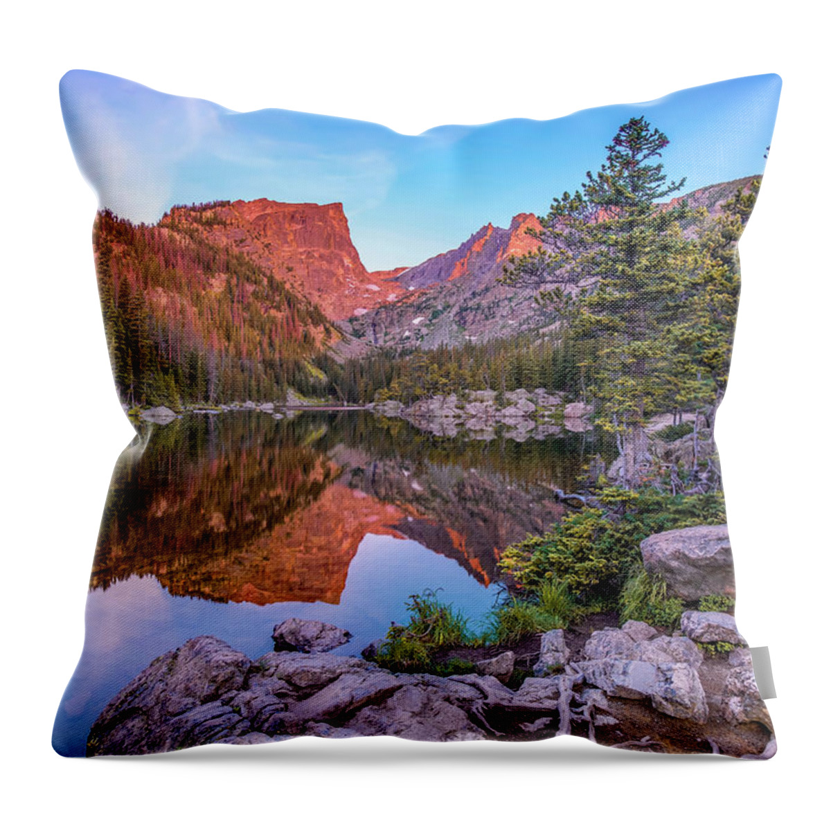 Dream Lake Throw Pillow featuring the photograph Sunrise on Hallet Peak - Dream Lake - Rocky Mountain National Park by Gregory Ballos