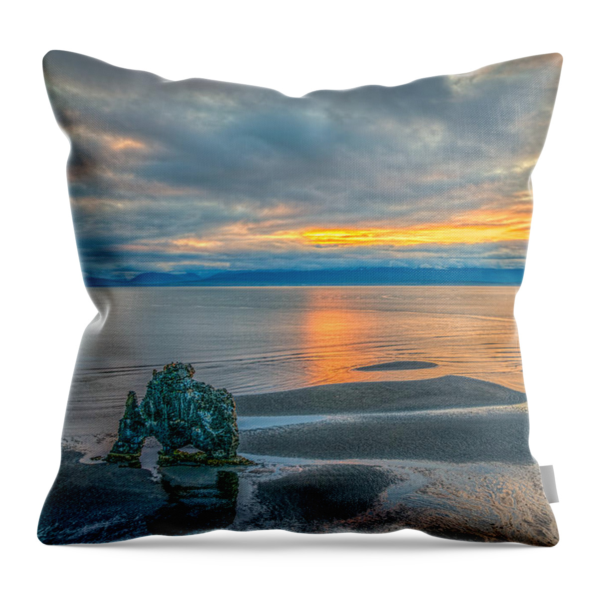 Iceland Throw Pillow featuring the photograph Sunrise over Hvitserkur rock by Izet Kapetanovic