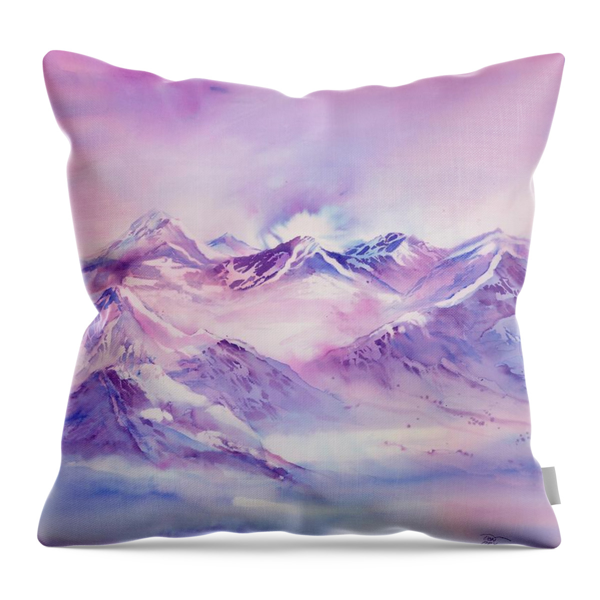 Swiss Mountains Throw Pillow featuring the painting Swiss Mountains early morning by Sabina Von Arx