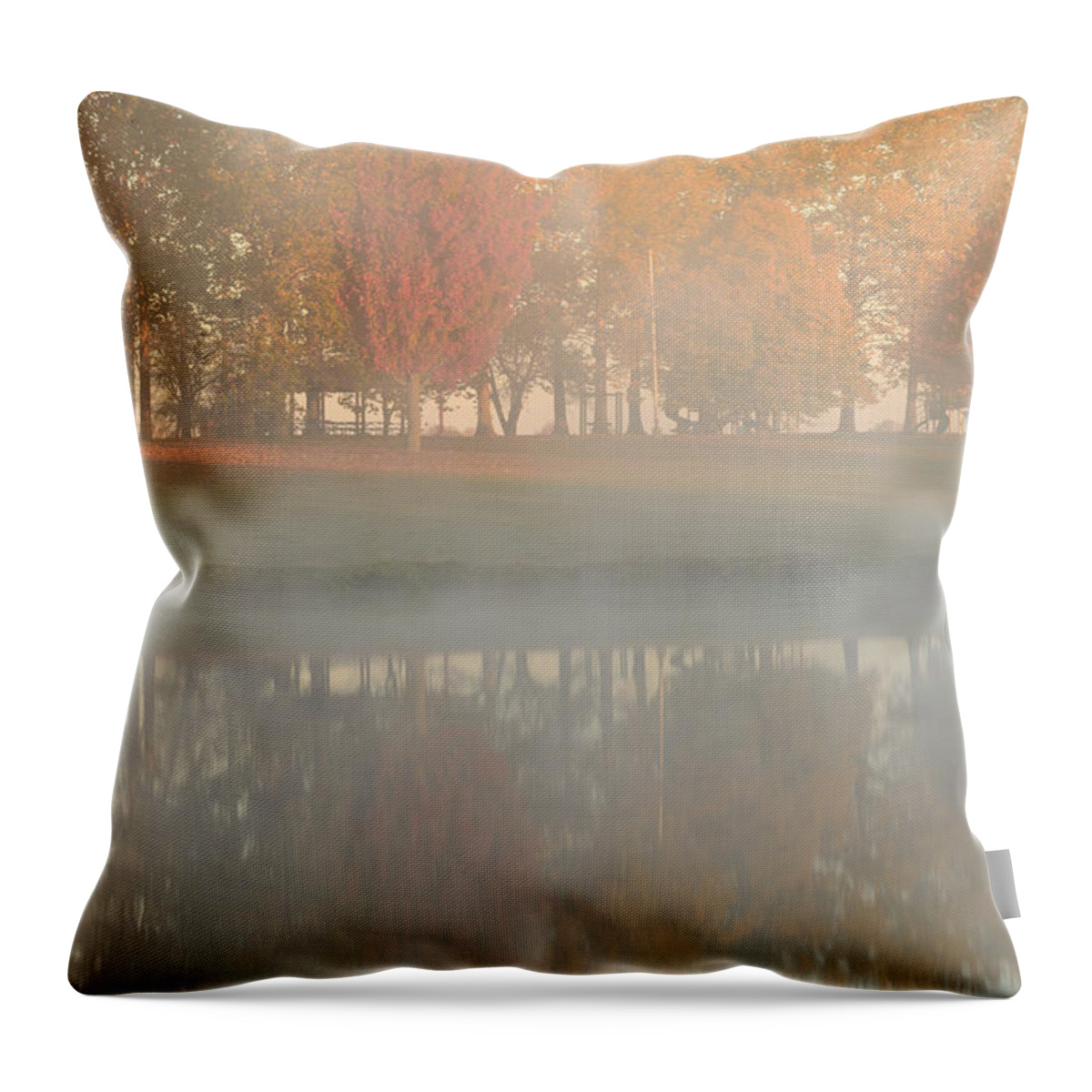 Sunrise Throw Pillow featuring the photograph Sunrise Steam with Autumn Trees by Tamara Becker