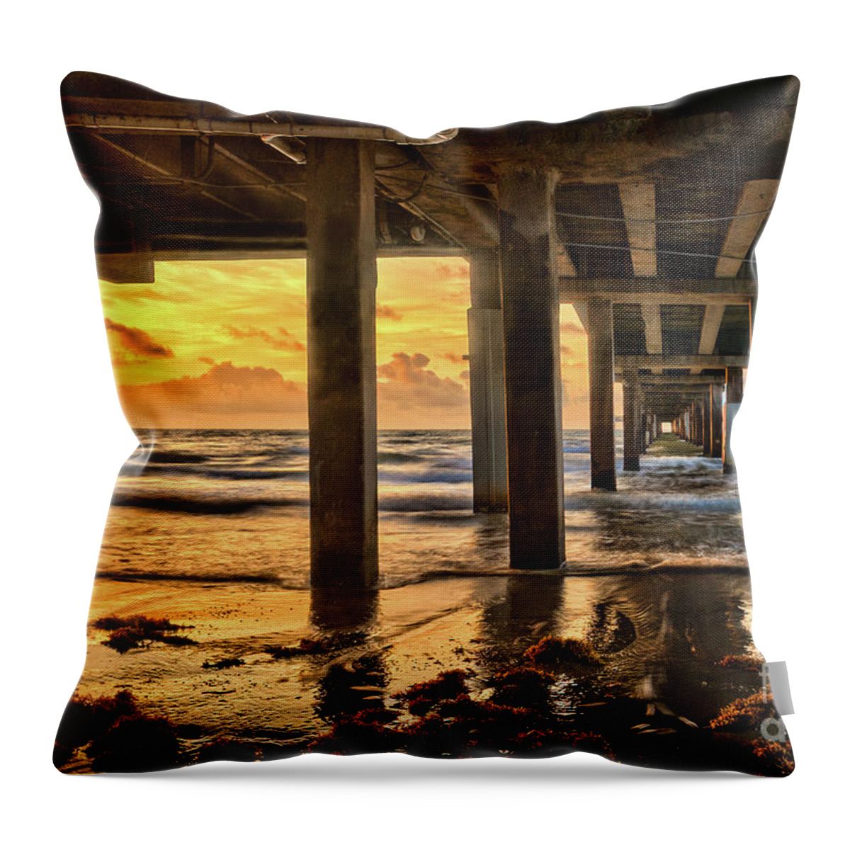 North Padre Island Throw Pillow featuring the photograph Sunrise Under the Pier by Roxie Crouch