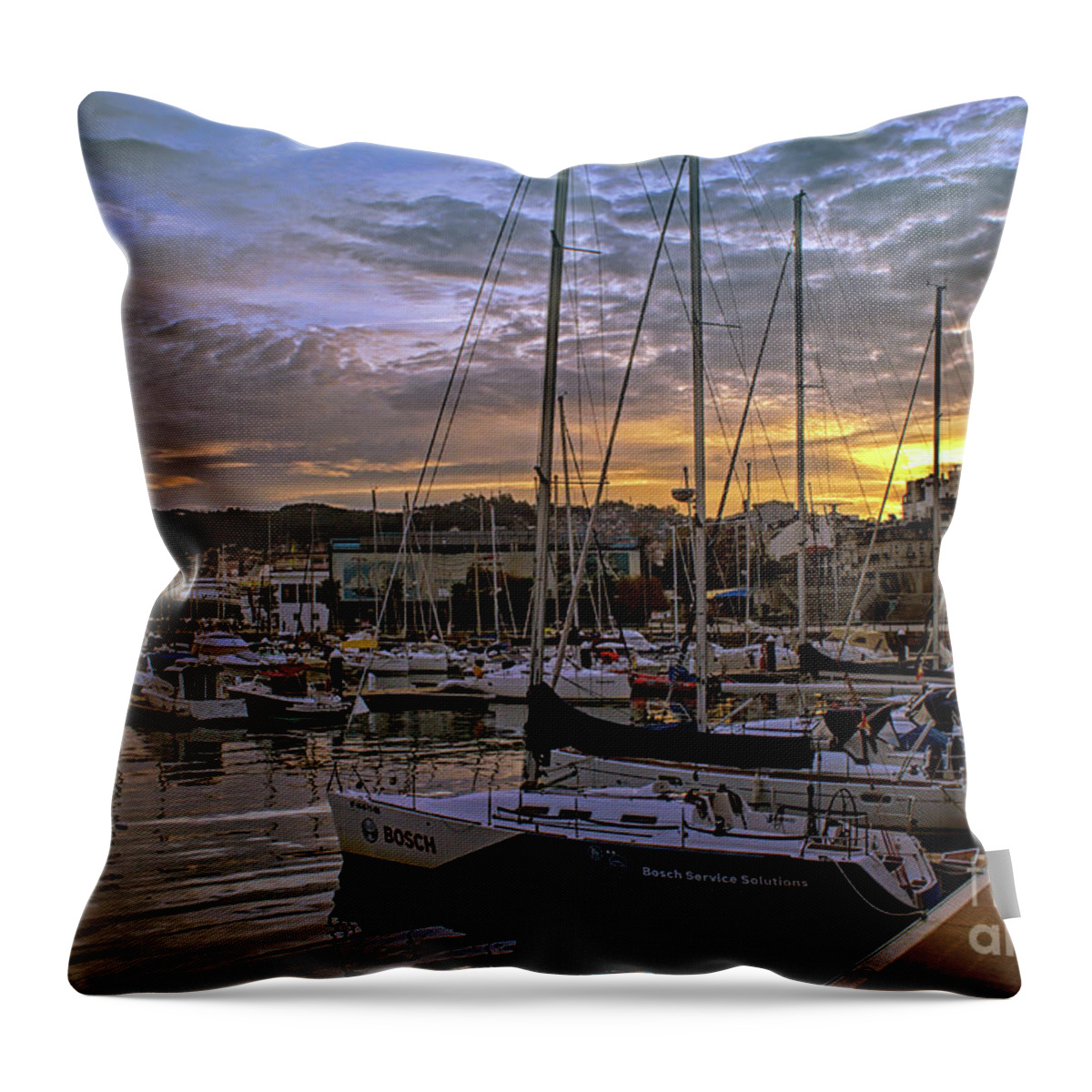 Vigo Throw Pillow featuring the photograph Sunrise Vigo Harbour Galacia Spain by Lynn Bolt