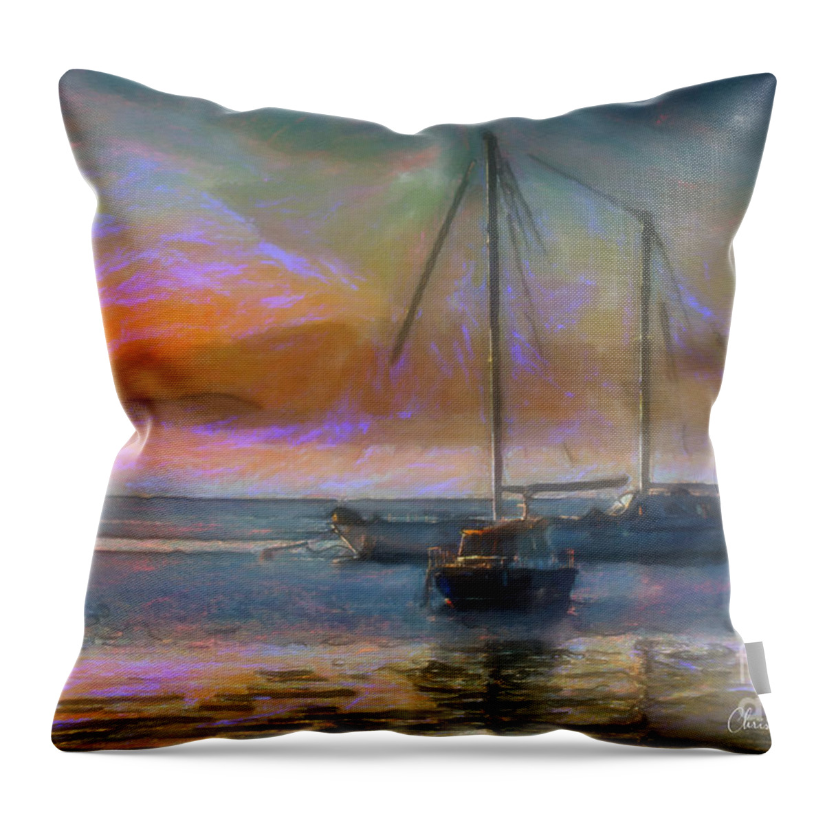 Sunrise Throw Pillow featuring the painting Sunrise with boats by Chris Armytage