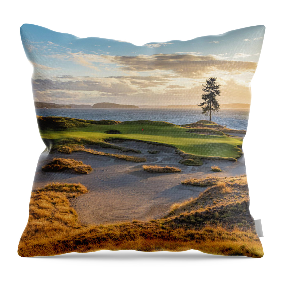 Chambers Bay Golf Course Throw Pillow featuring the photograph Sunset at Chambers Bay Golf Course by Mike Centioli