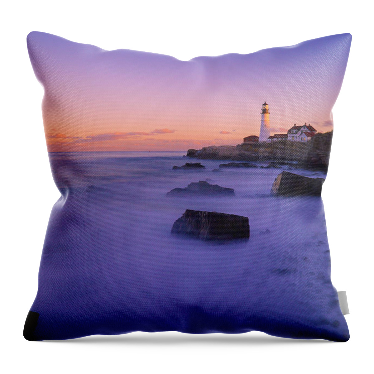 Lighthouse Throw Pillow featuring the photograph Sunset at Portland Head Light by John Meader