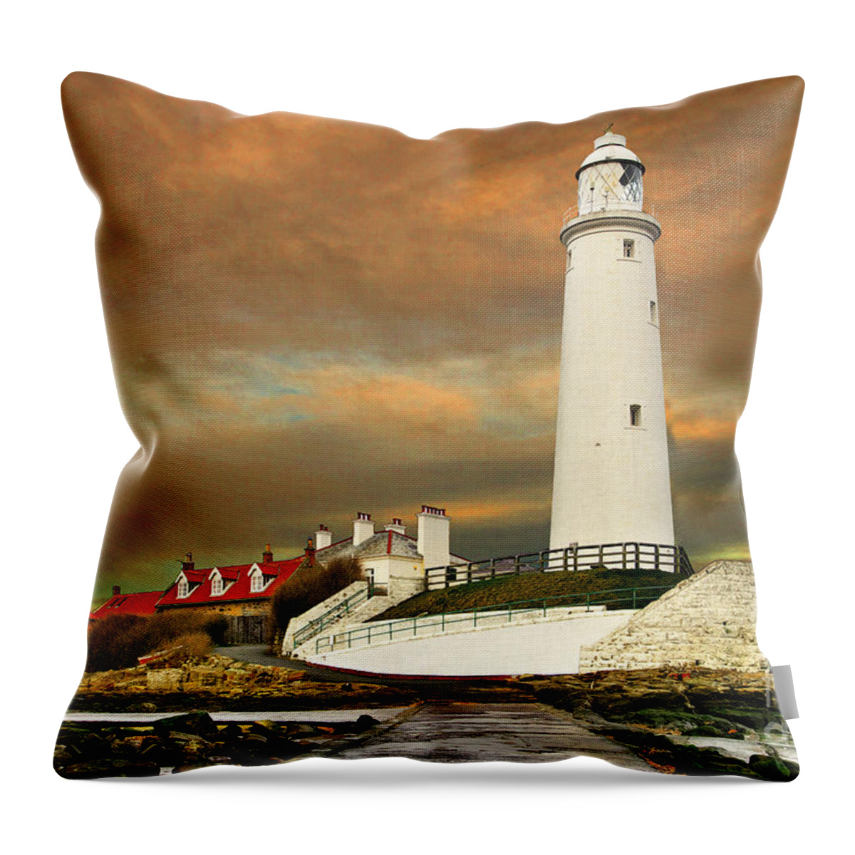 St. Mary's Throw Pillow featuring the photograph Sunset at Saint Mary's Lighthouse by Martyn Arnold
