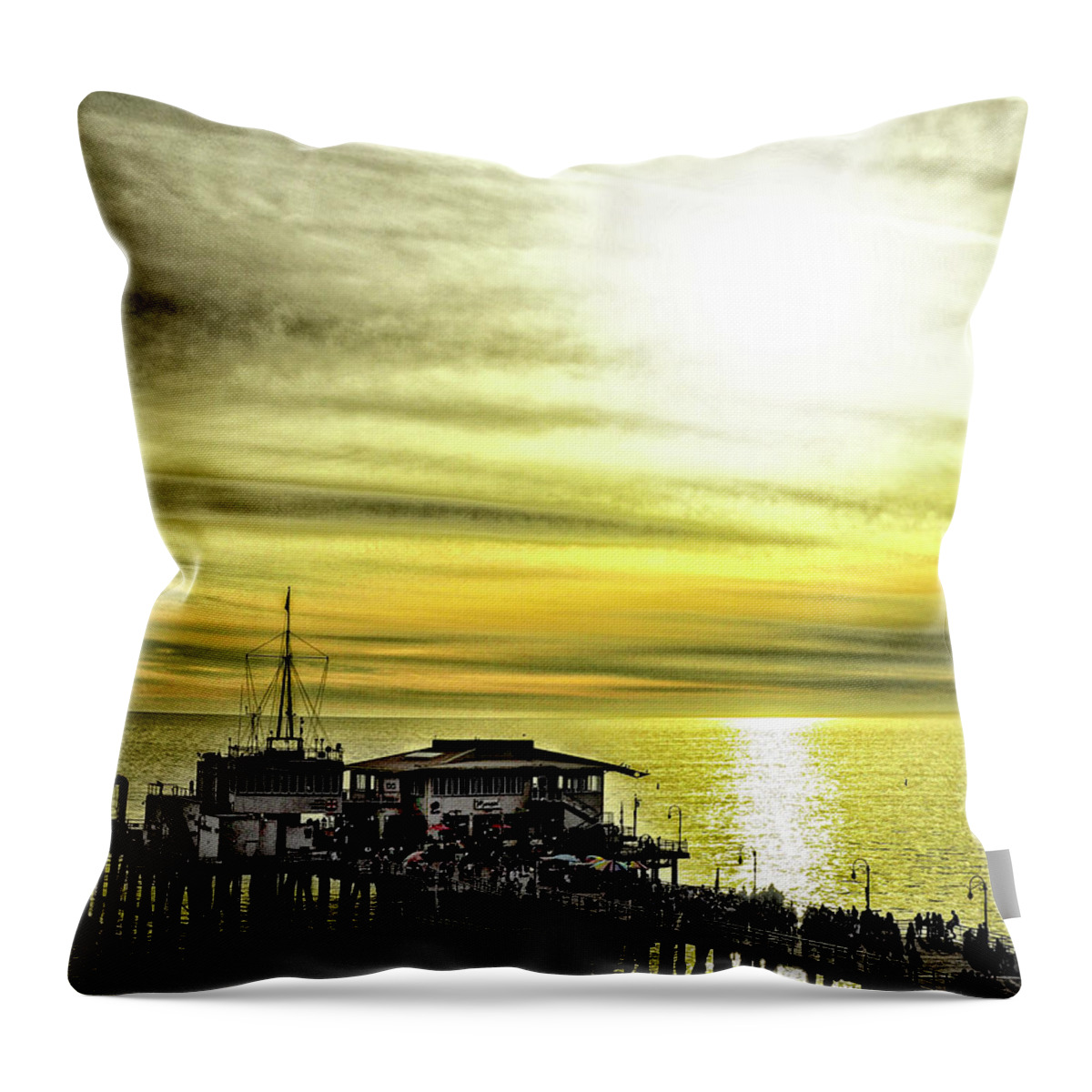 Rebecca Dru Throw Pillow featuring the photograph Sunset at Santa Monica Beach by Rebecca Dru