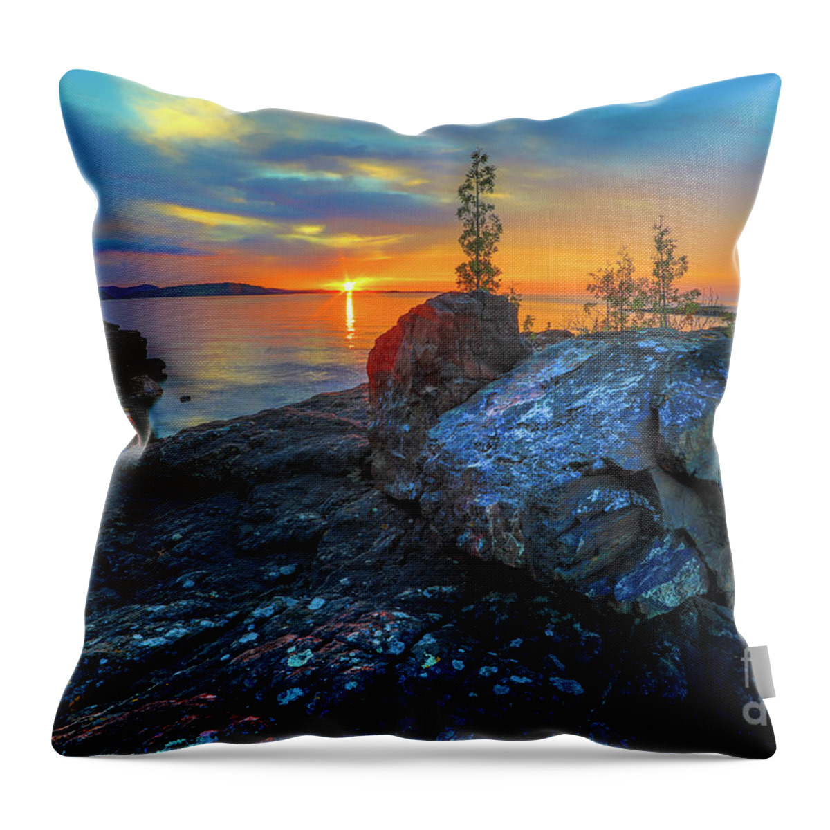 Presque Isle Throw Pillow featuring the photograph Sunset Black Rocks Marquette Michigan -7491 by Norris Seward