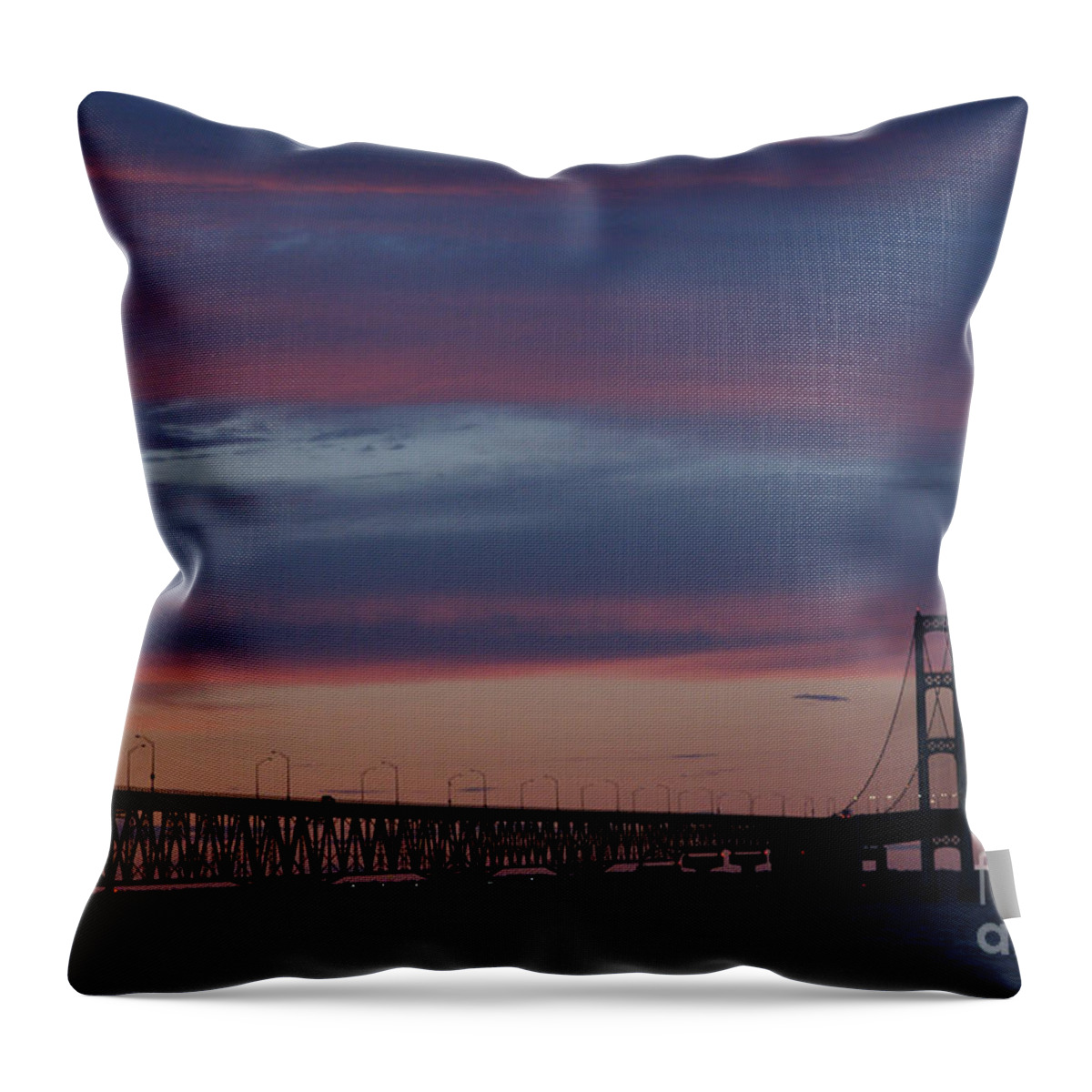 Mackinaw City Throw Pillow featuring the photograph Sunset Bridge by Linda Shafer