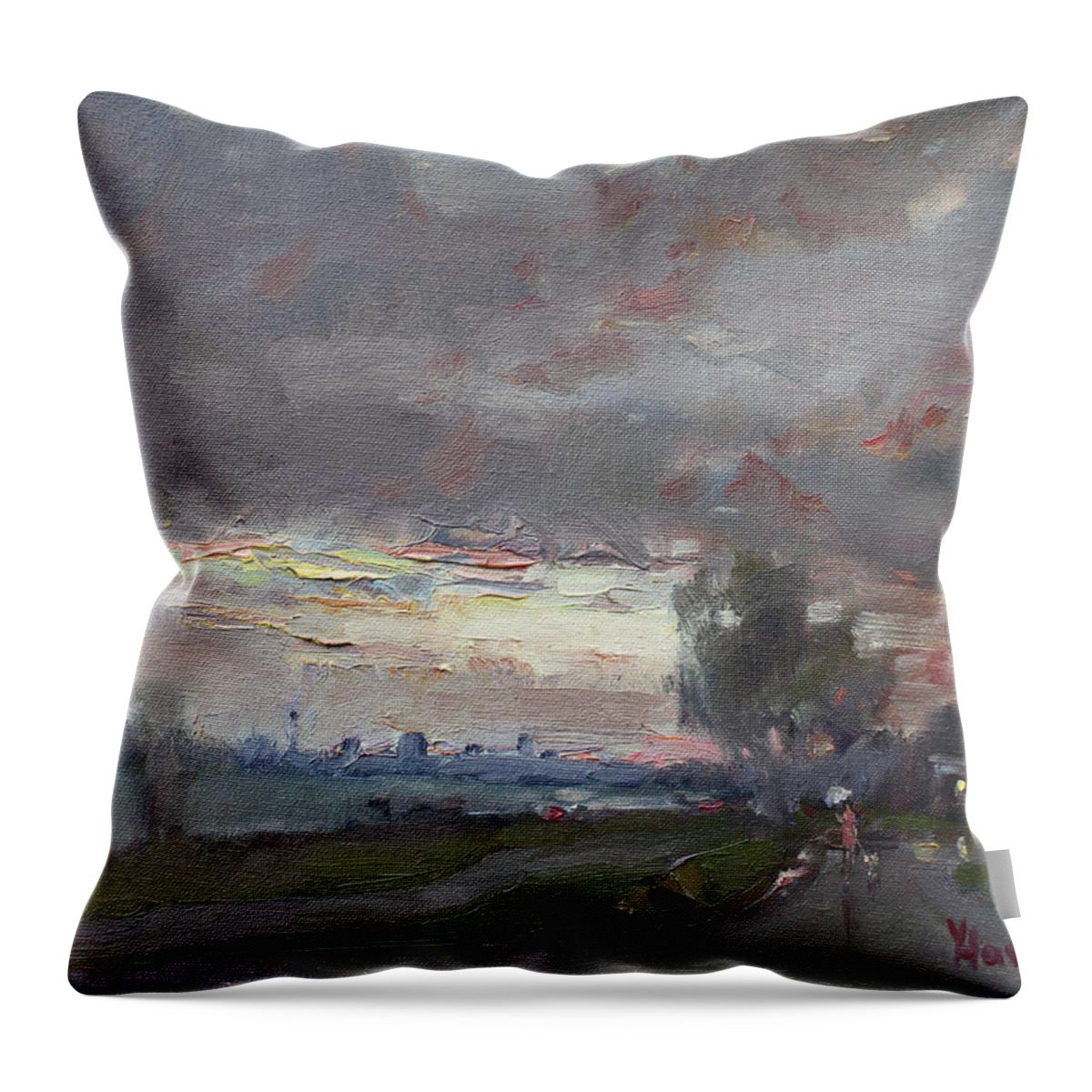Sunset Throw Pillow featuring the painting Sunset in a Rainy Day by Ylli Haruni