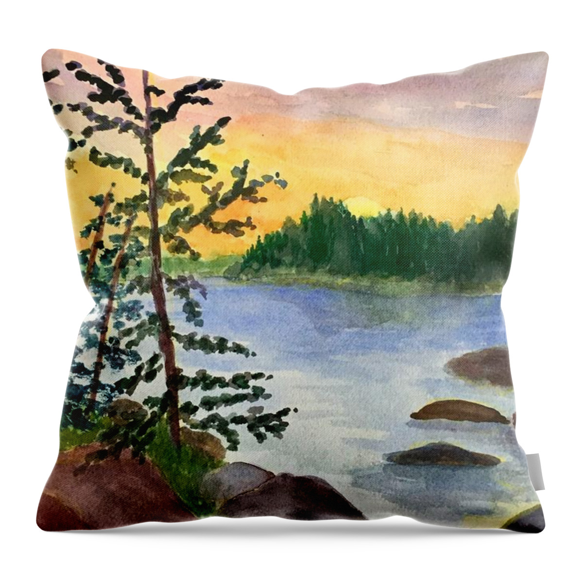 New England Throw Pillow featuring the painting Sunset in Stonington Maine by Anne Sands