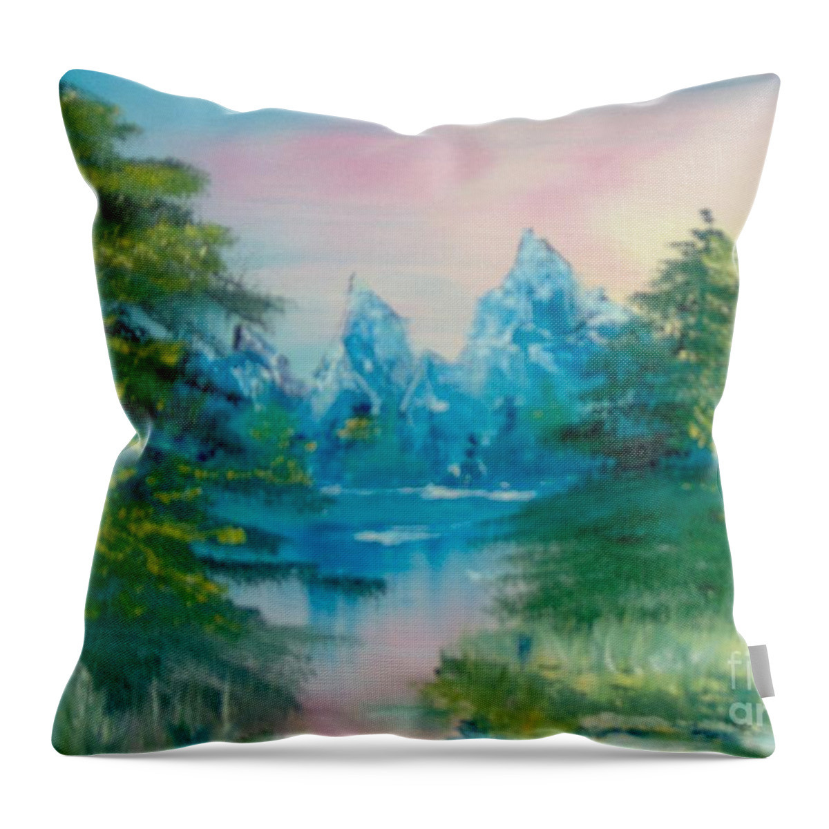 Landscape Throw Pillow featuring the painting Sunset Lake by Saundra Johnson