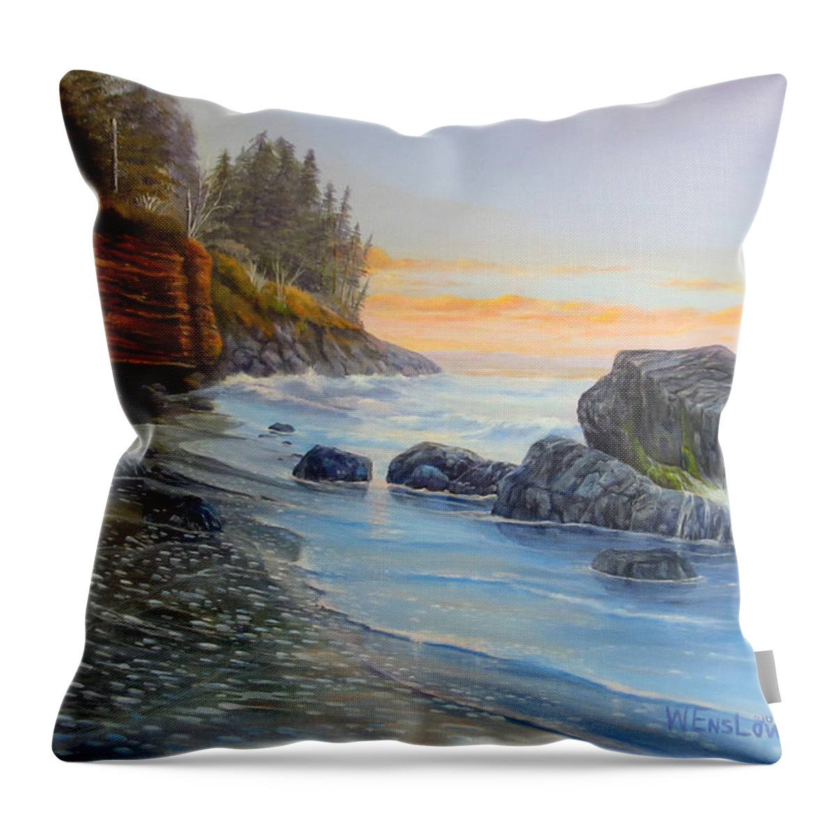 Seascape Throw Pillow featuring the painting Sunset Mystic Beach by Wayne Enslow