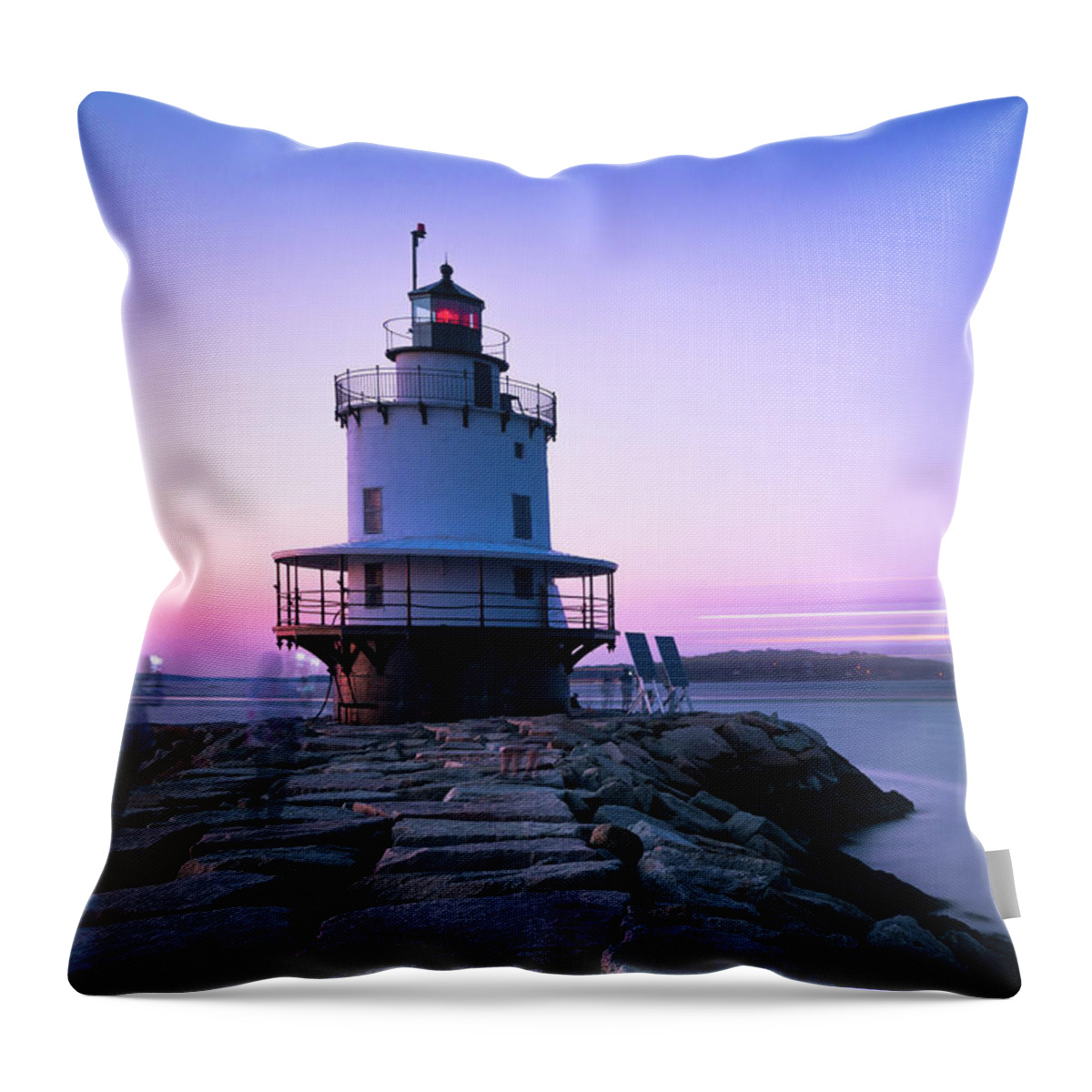 Maine Throw Pillow featuring the photograph Sunset over Spring Breakwater Lighthouse in South Maine by Ranjay Mitra