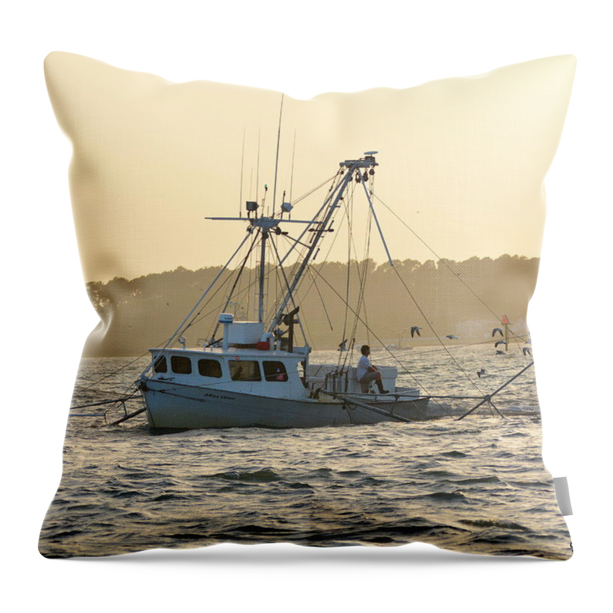 Commercial Fishing Throw Pillow featuring the photograph Sunset Shrimping with the Gulls by Dan Williams