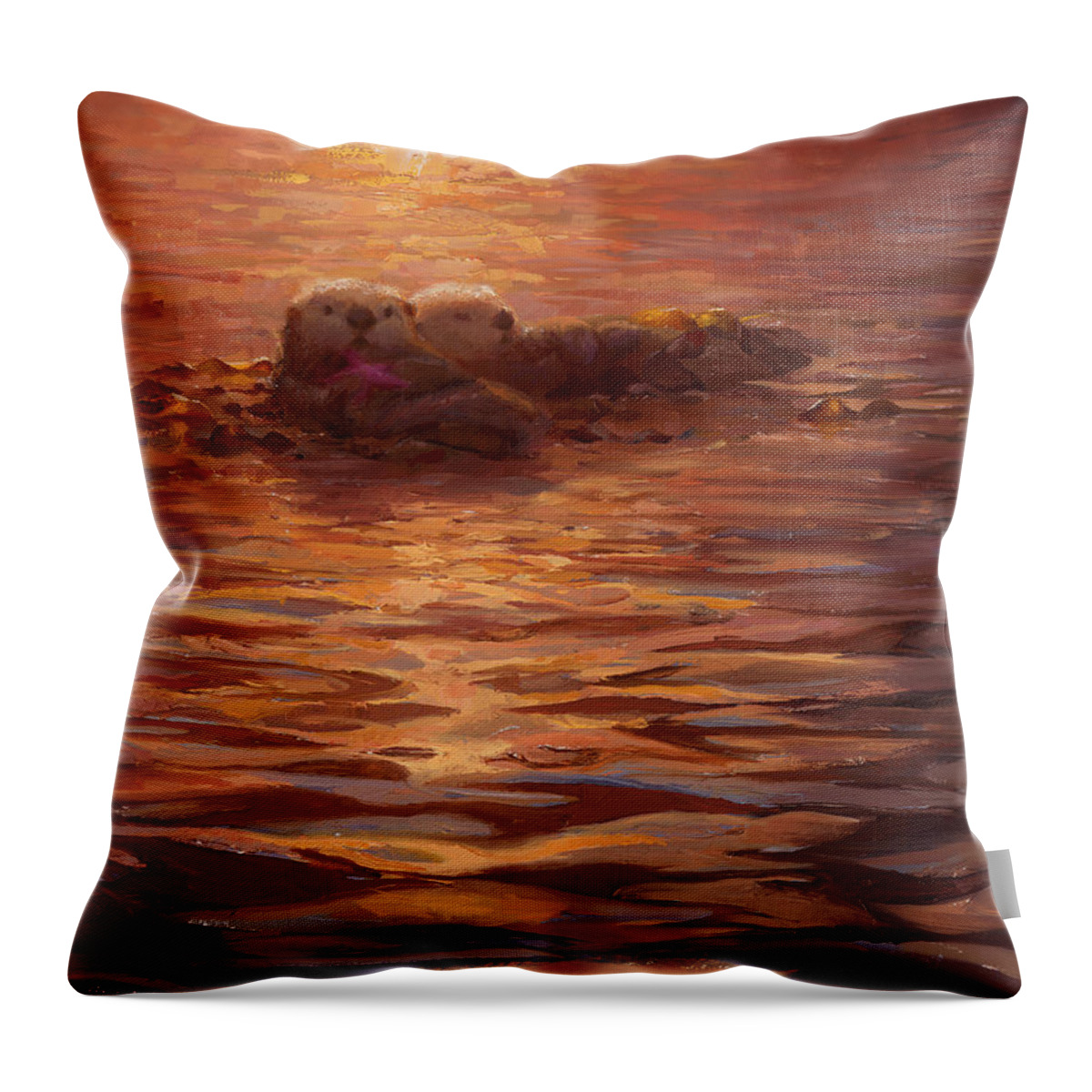Coastal Decor Throw Pillow featuring the painting Sea Otters Floating With Kelp at Sunset - Coastal Decor - Ocean Theme - Beach Art by K Whitworth