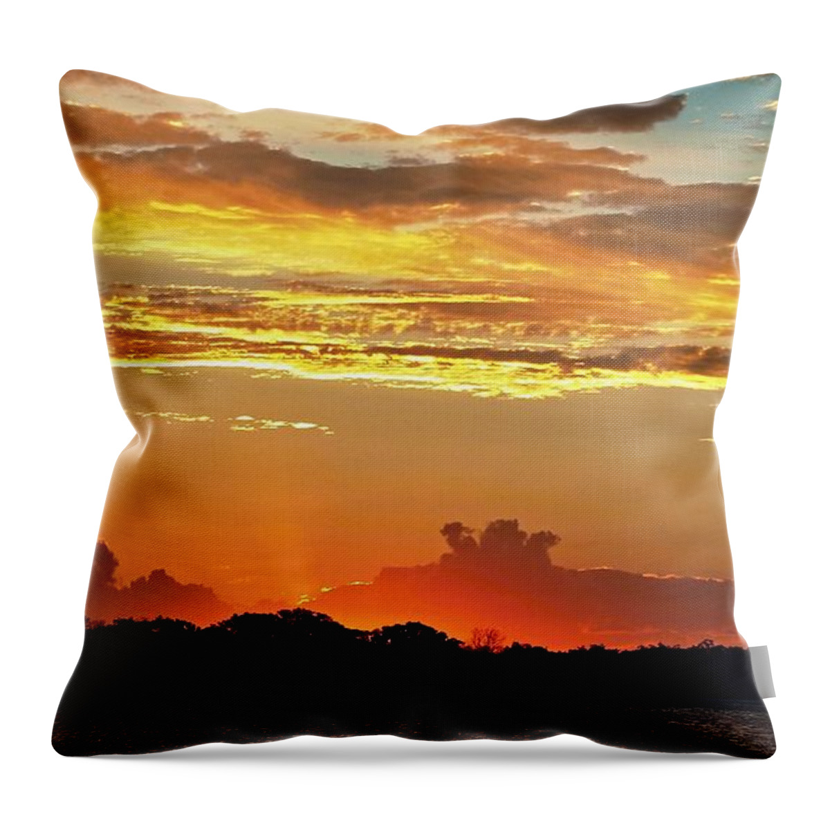 Sunnypicsoz.com Throw Pillow featuring the photograph Sunset with high golden glow and crimson highliting and silhouet by Geoff Childs